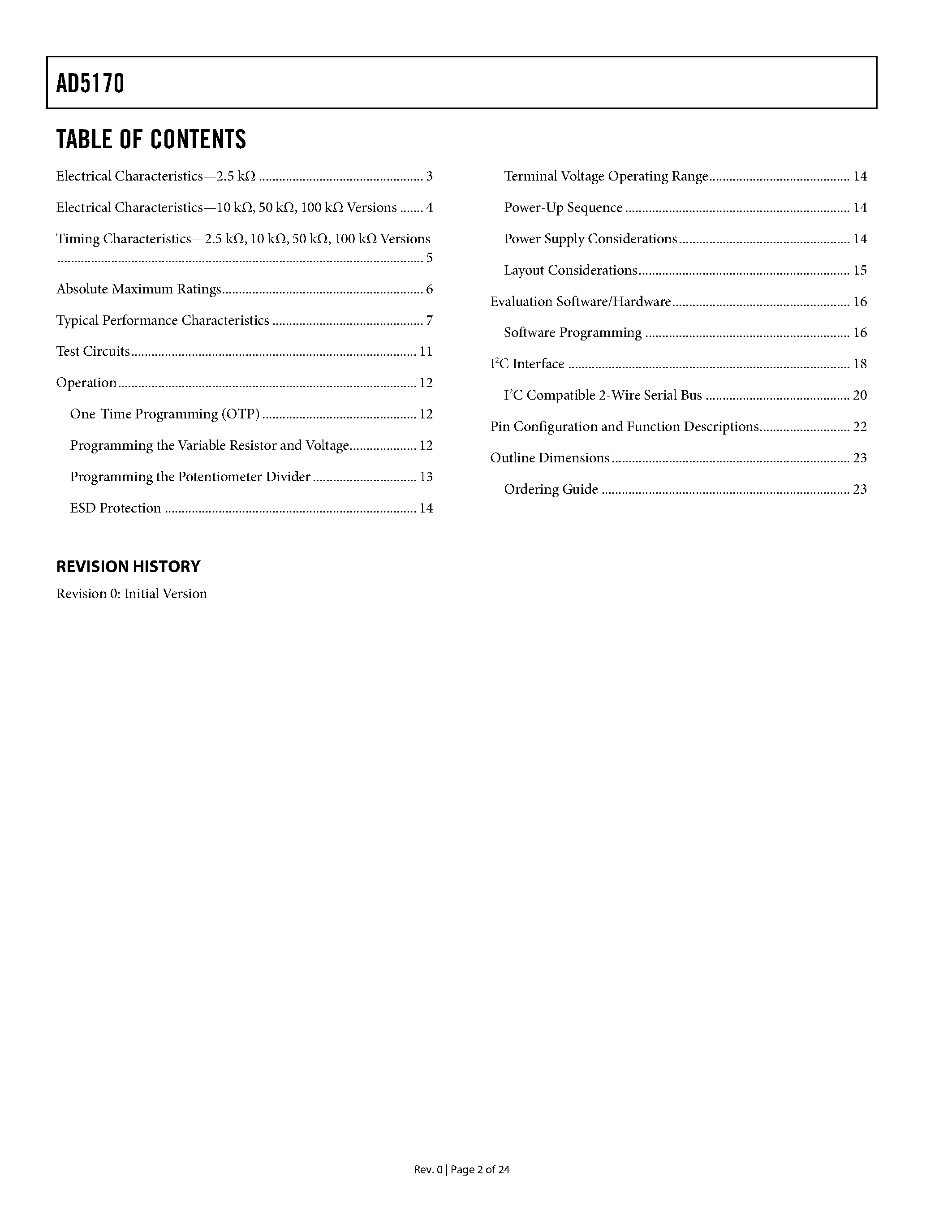 Datasheet AD5170BRM2.5 - 256-Position Two-Time Programmable I2C Digital Potentiometer page 2