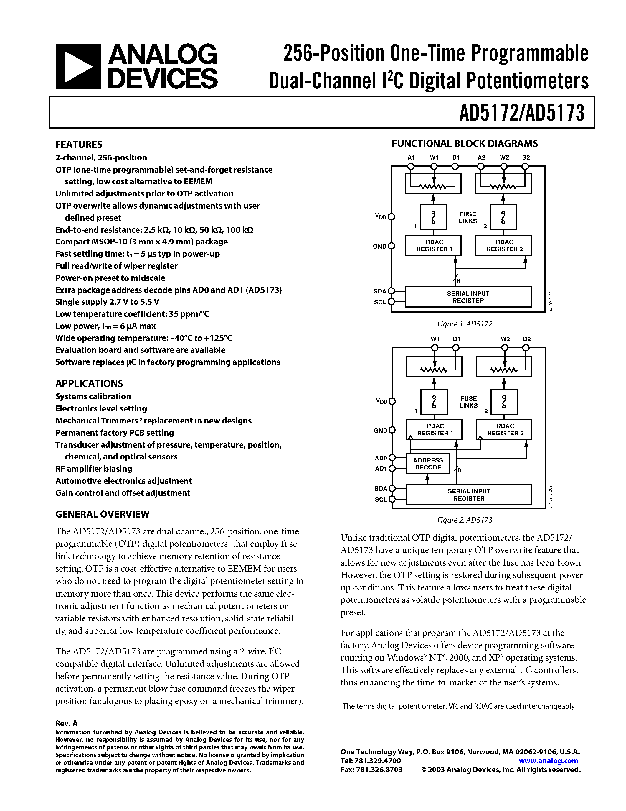 Datasheet AD5172BRM2.5 - 256-Position One-Time Programmable Dual-Channel I2C Digital Potentiometers page 1