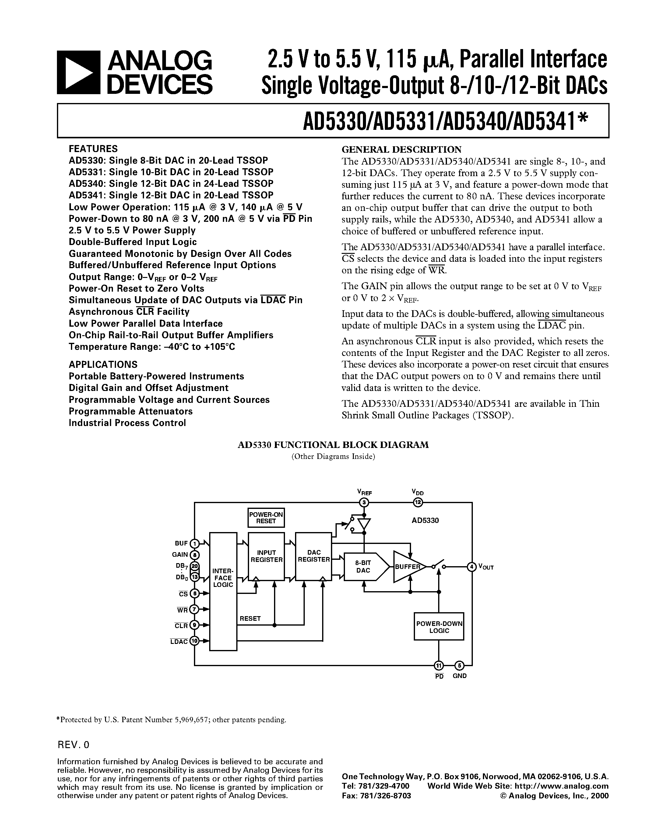 Datasheet AD5341 - 2.5 V to 5.5 V/ 500 uA/ Parallel Interface Quad Voltage-Output 8-/10-/12-Bit DACs page 1