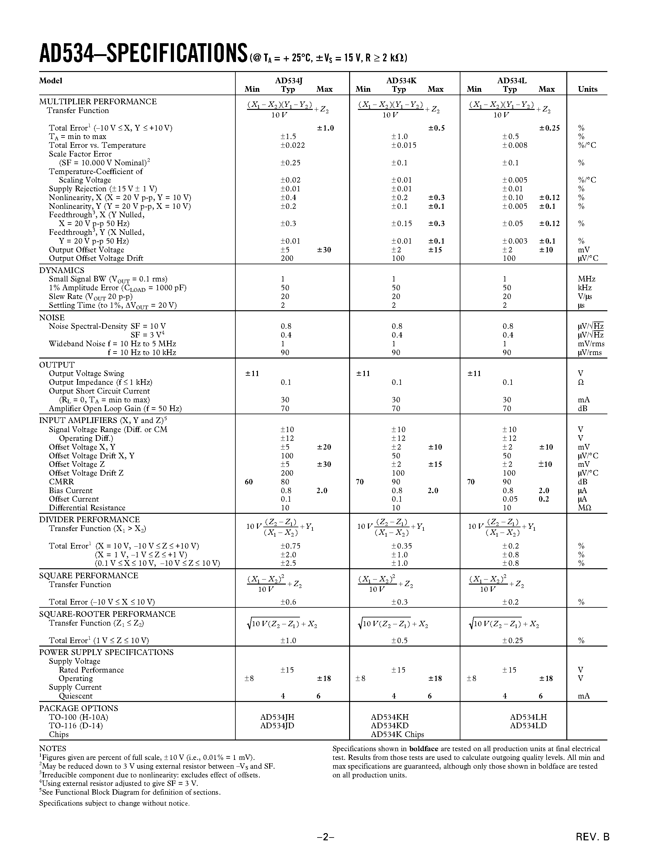 Datasheet AD534J - Internally Trimmed Precision IC Multiplier page 2