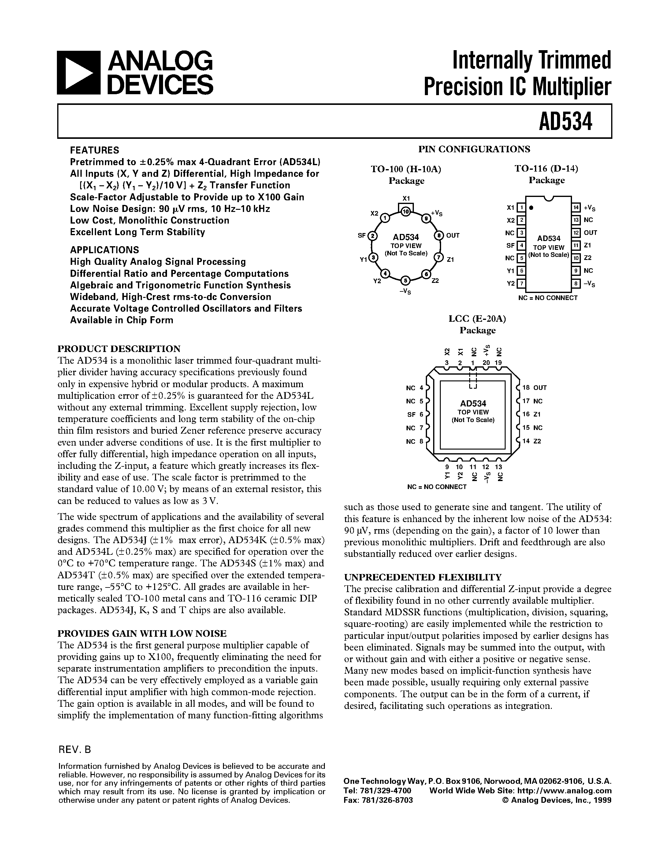 Datasheet AD534SChip - Internally Trimmed Precision IC Multiplier page 1