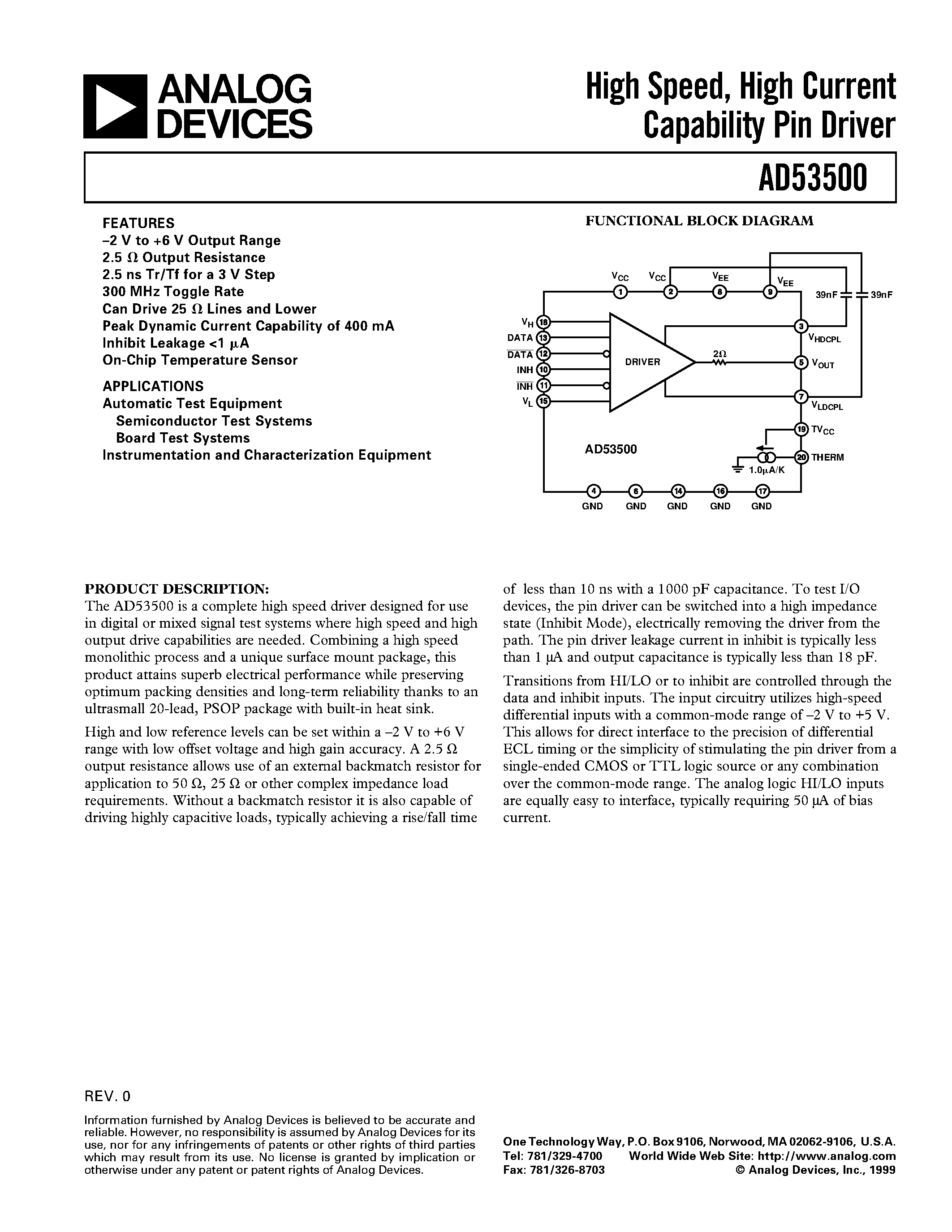 Datasheet AD53500 - High Speed/ High Current Capability Pin Driver page 1