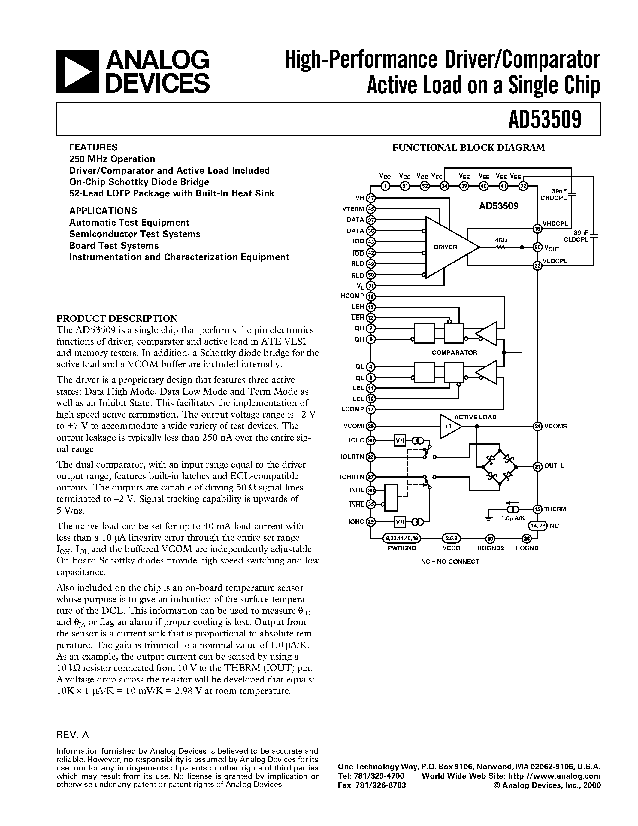 Datasheet AD53509 - High-Performance Driver/Comparator Active Load on a Single Chip page 1