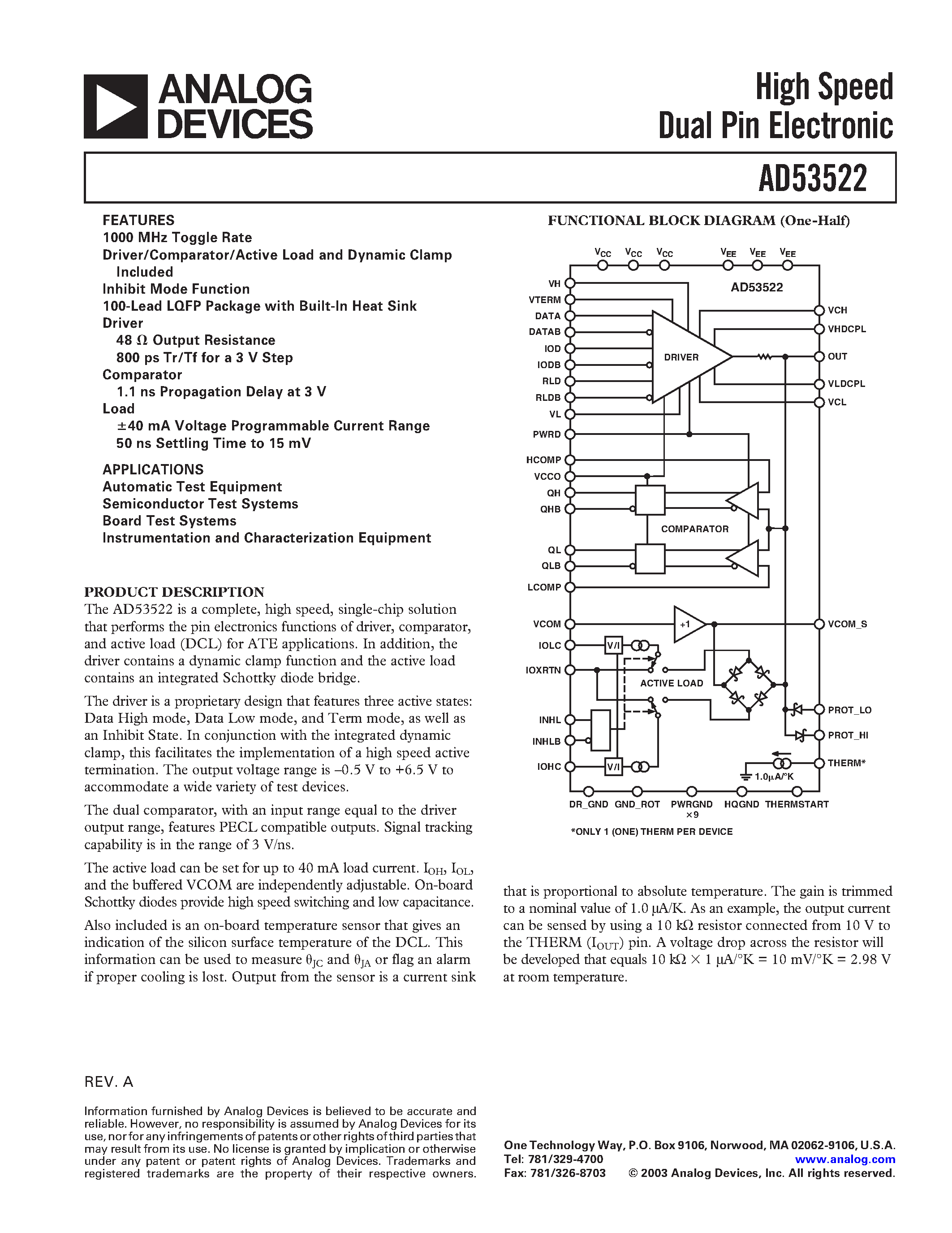 Datasheet AD53522 - High Speed Dual Pin Electronic page 1