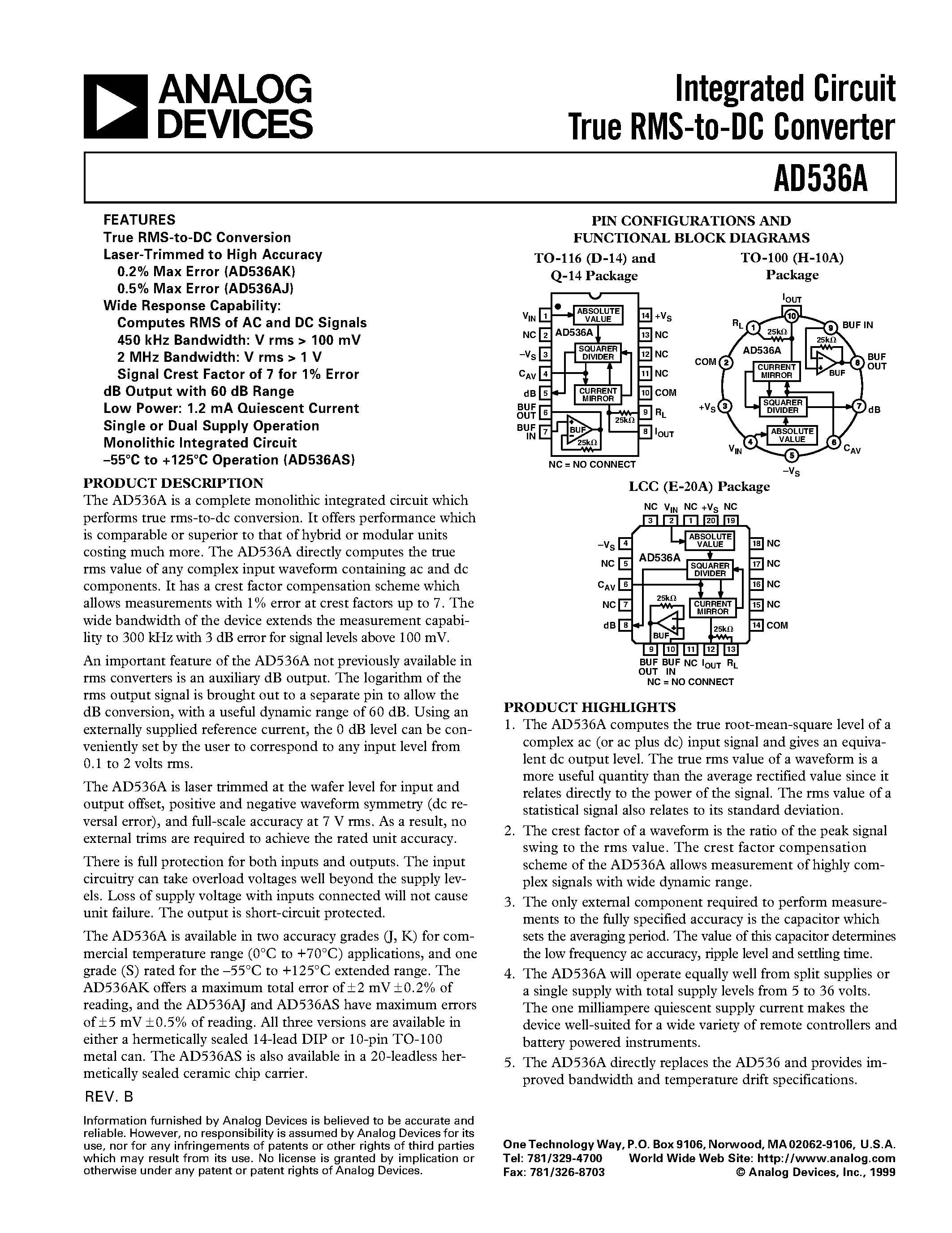 Datasheet AD536 - Integrated Circuit True RMS-to-DC Converter page 1