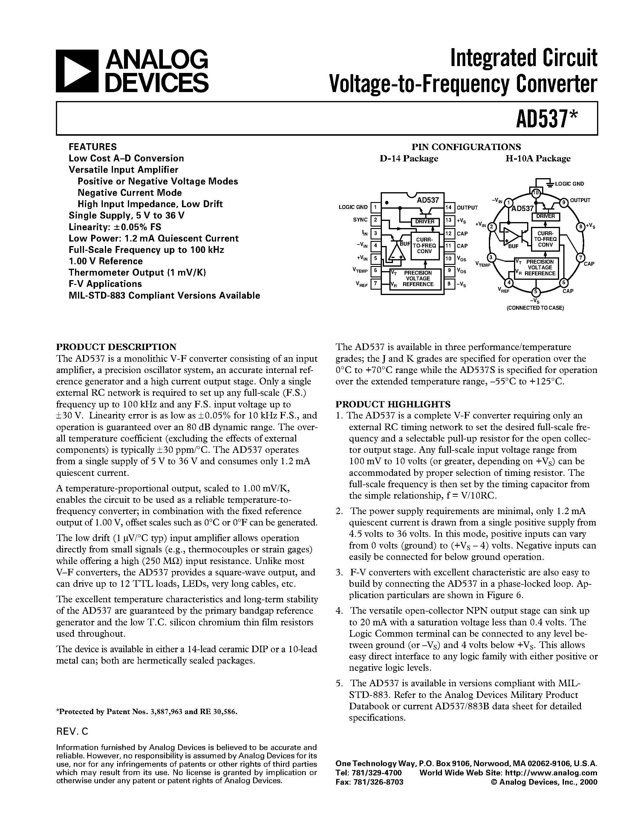 Datasheet AD537 - Integrated Circuit Voltage-to-Frequency Converter page 1