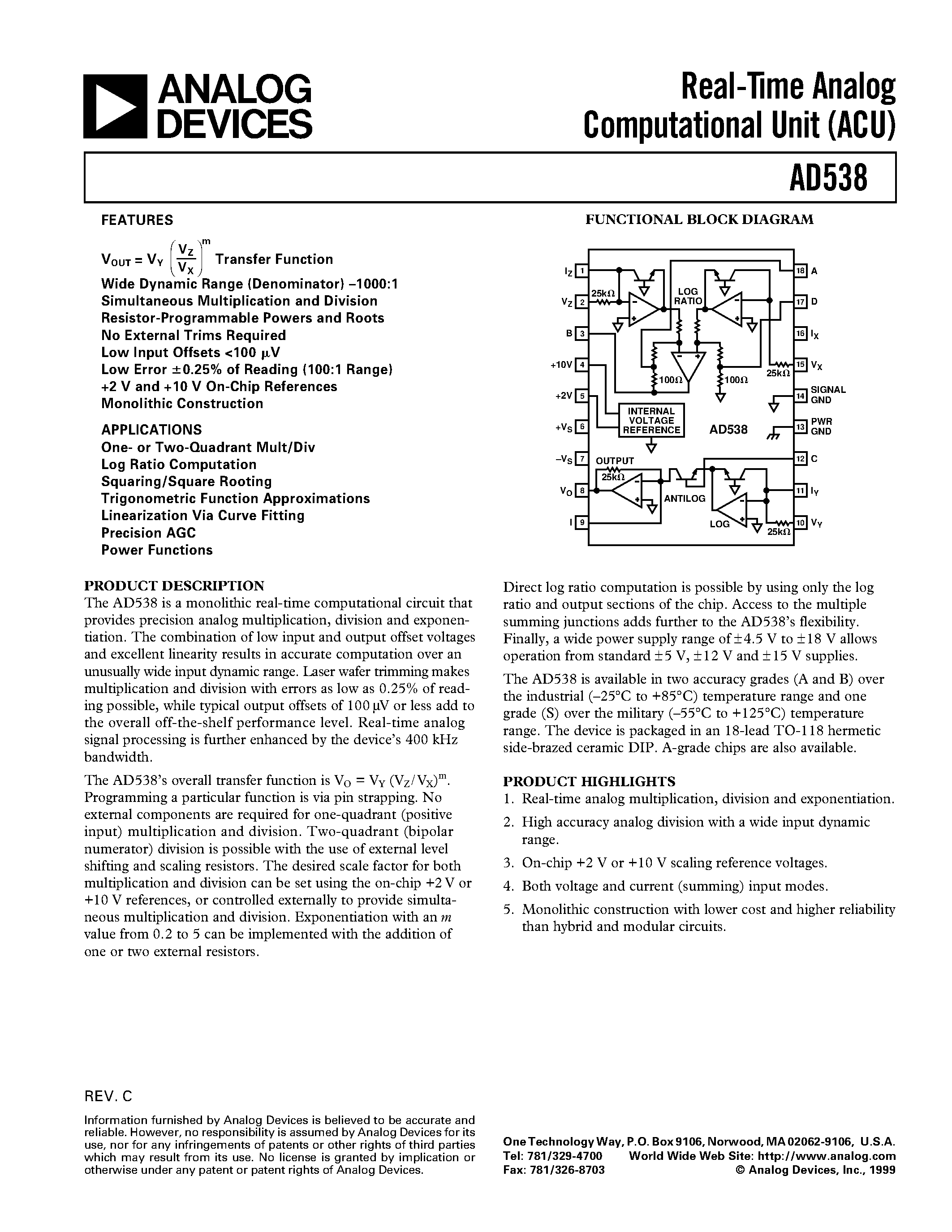 Datasheet AD538 - Real-Time Analog Computational Unit ACU page 1