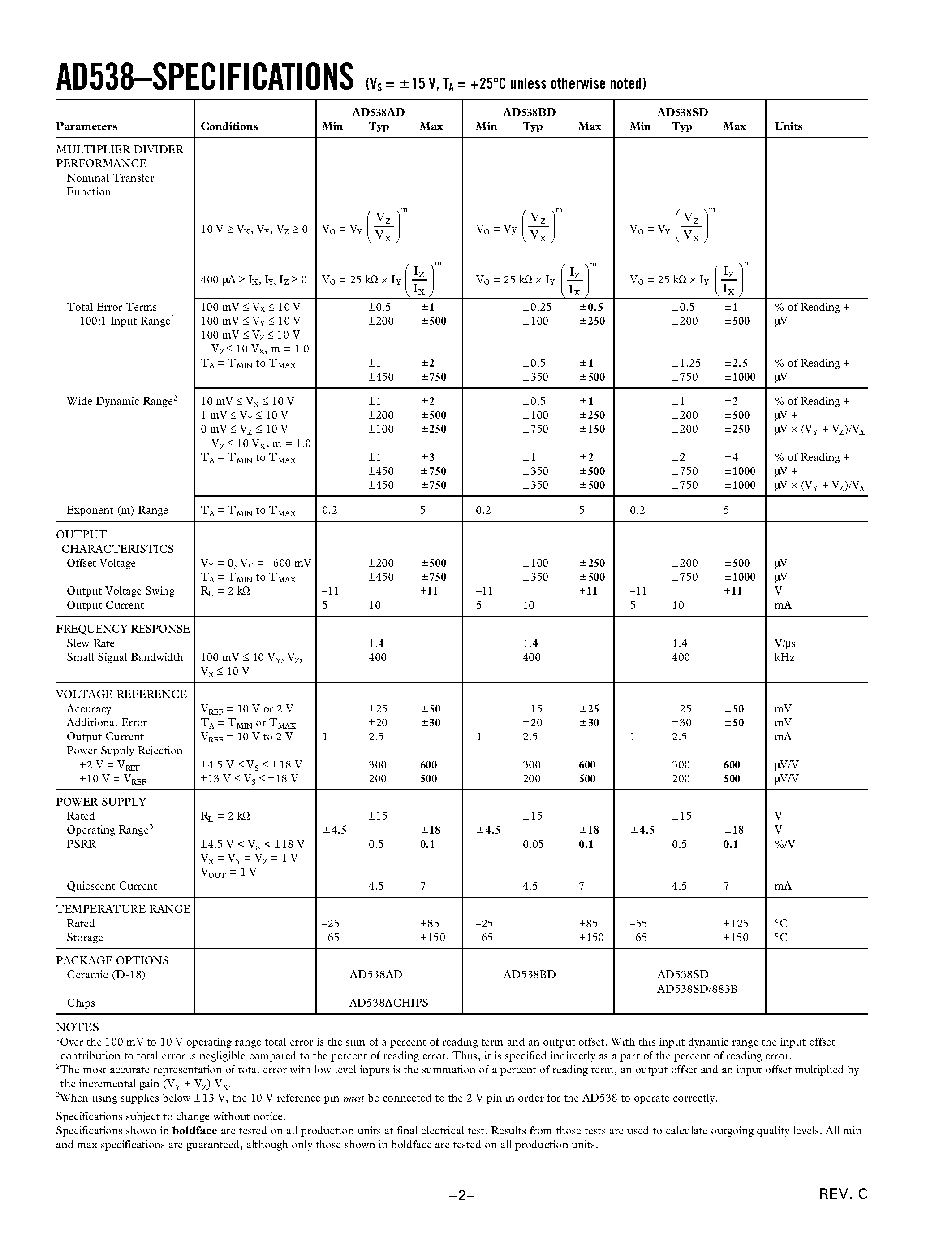 Datasheet AD538 - Real-Time Analog Computational Unit ACU page 2