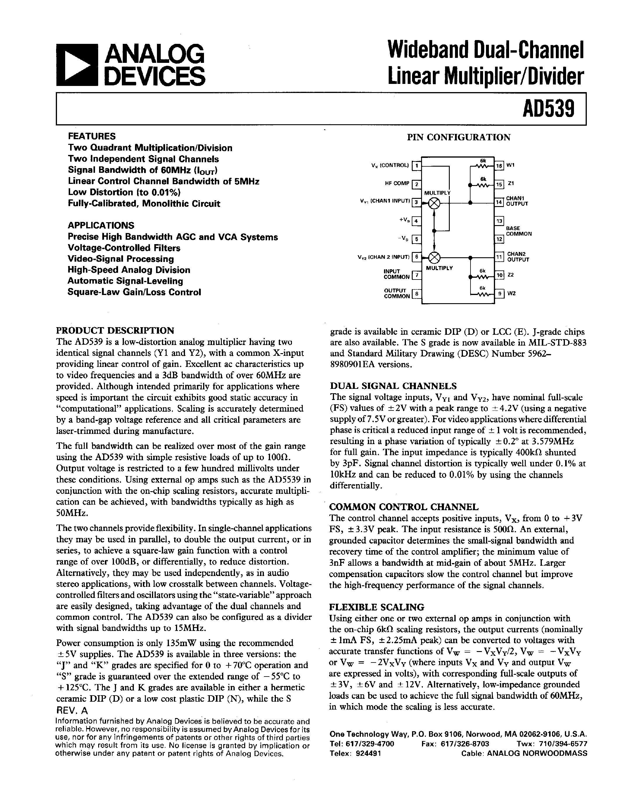 Datasheet AD539J - Wideband Dual-Channel Linear Multiplier/Divider page 1