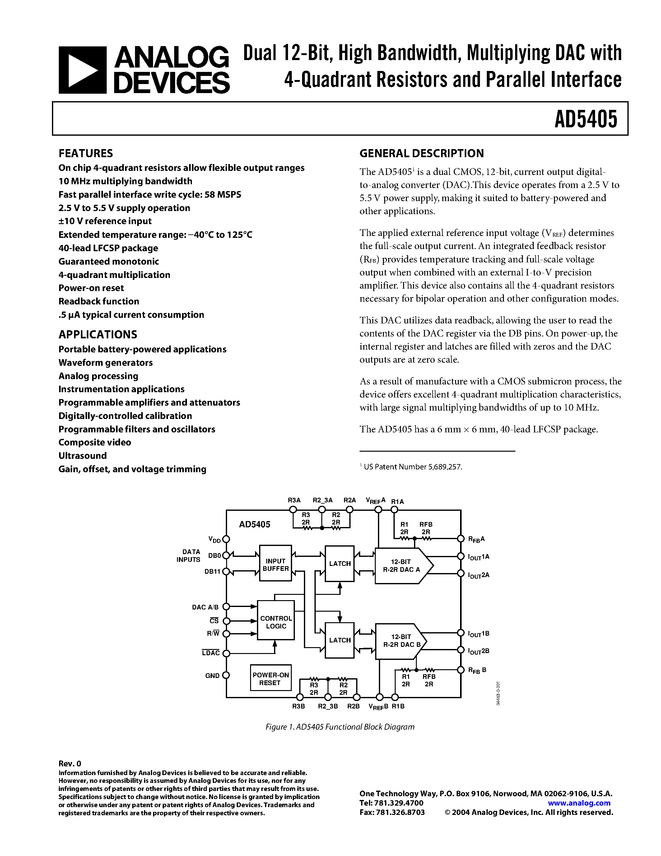 Datasheet AD5405 - Dual 12-Bit/ High Bandwidth/ Multiplying DAC with 4-Quadrant Resistors and Parallel Interface page 1