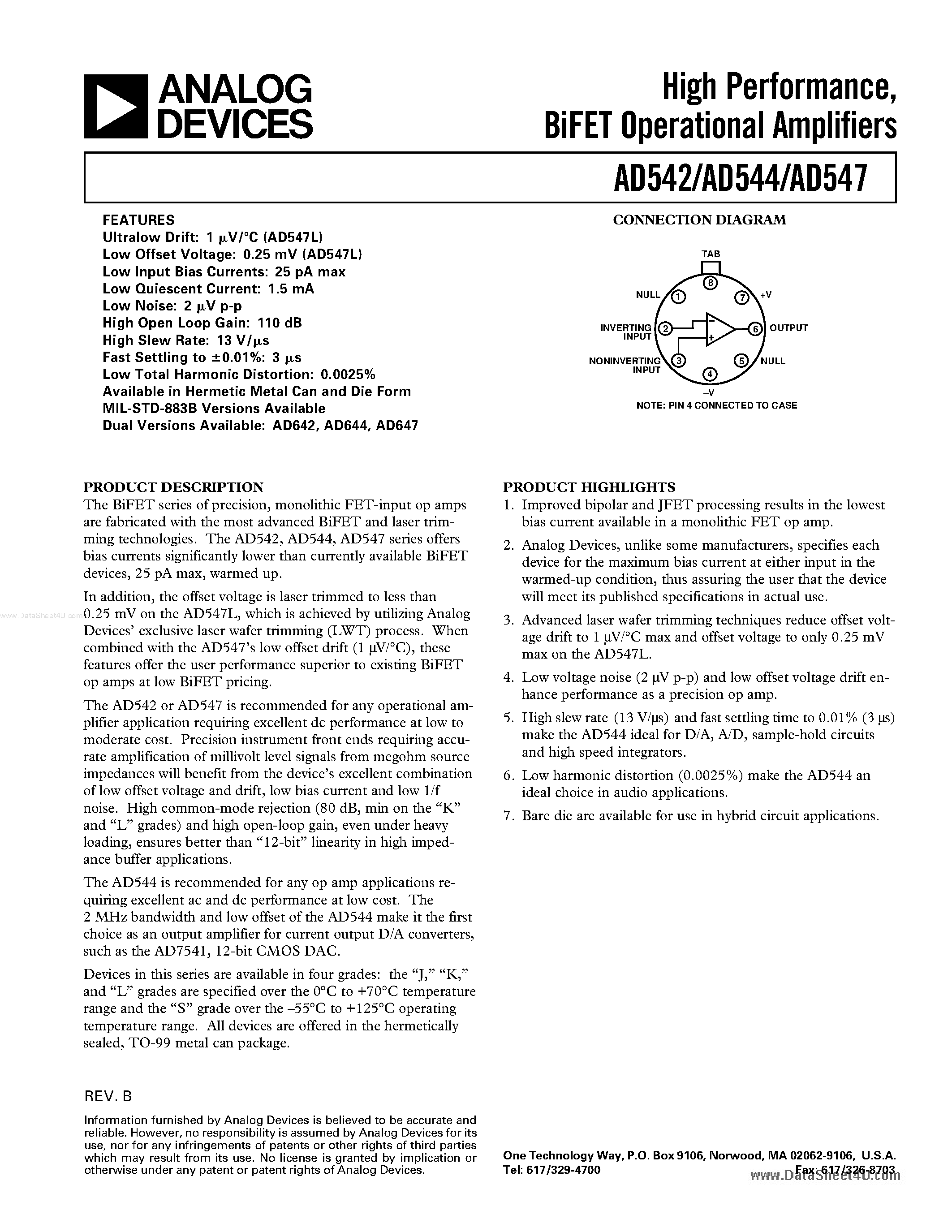 Datasheet AD542 - High Performance/ BiFET Operational Amplifiers page 1