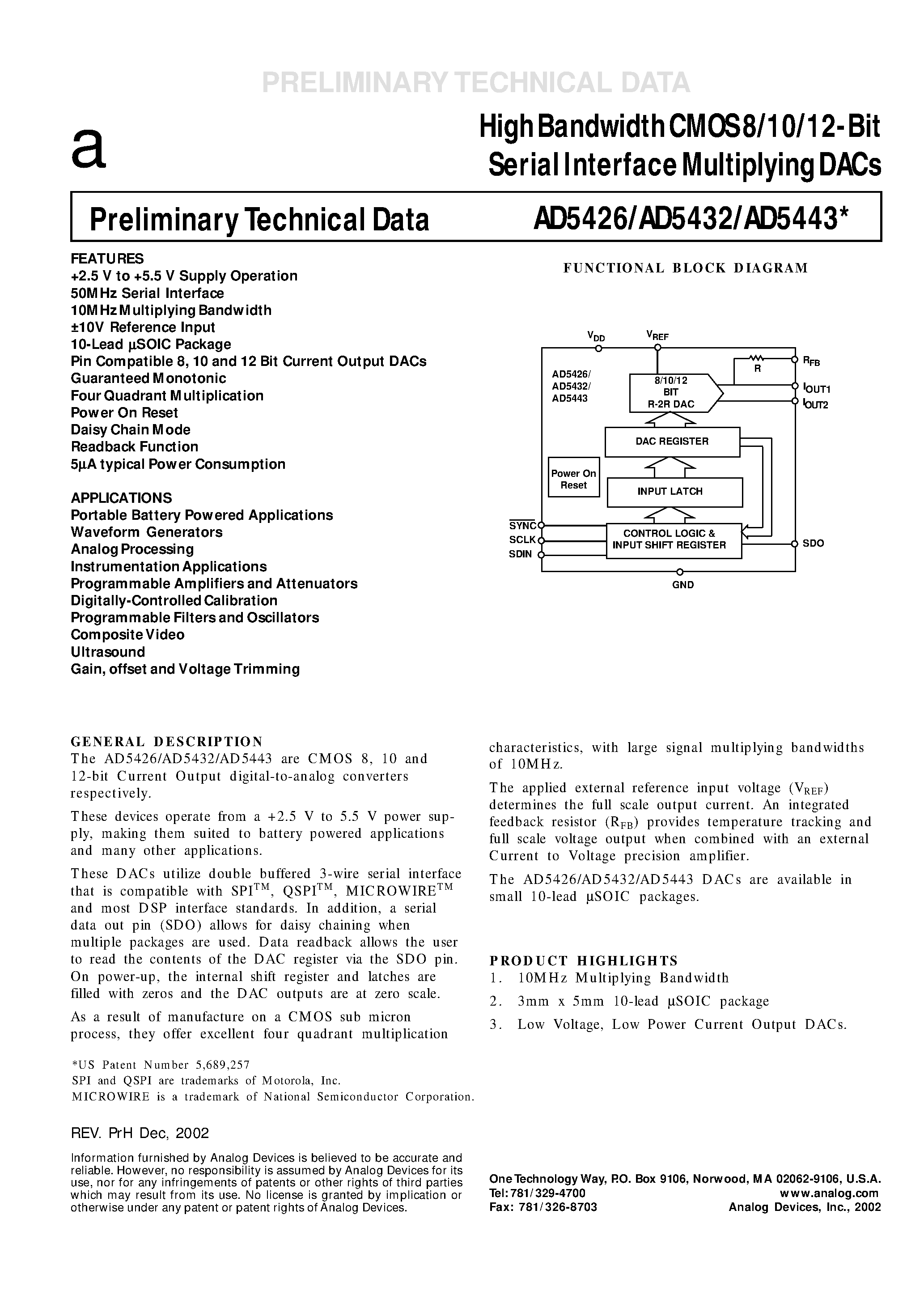 Datasheet AD5426 - High Bandwidth CMOS 8/10/12-Bit Serial Interface Multiplying DACs page 1