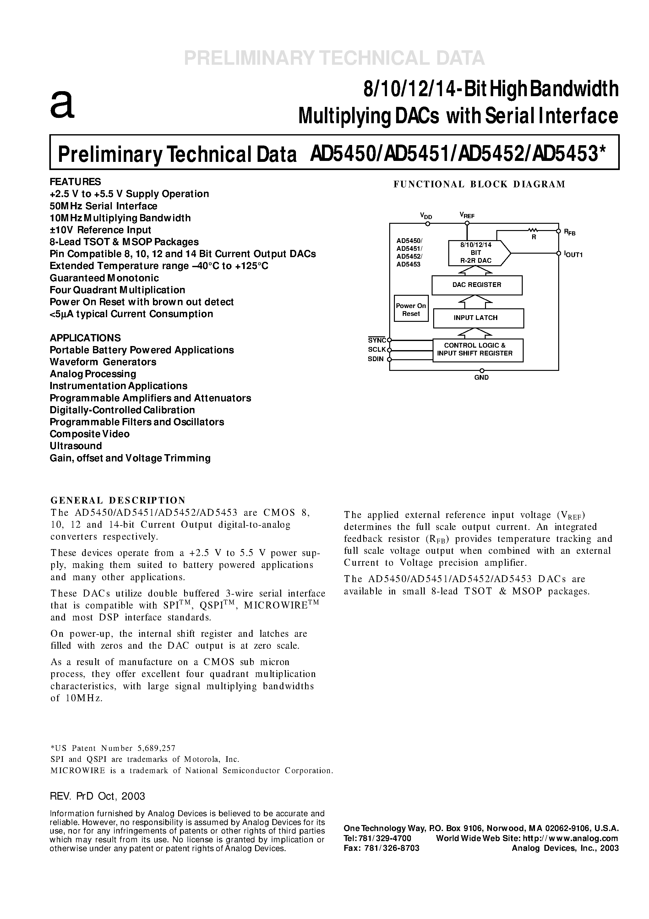 Datasheet AD5450 - 8/10/12/14-Bit High Bandwidth Multiplying DACs with Serial Interface page 1