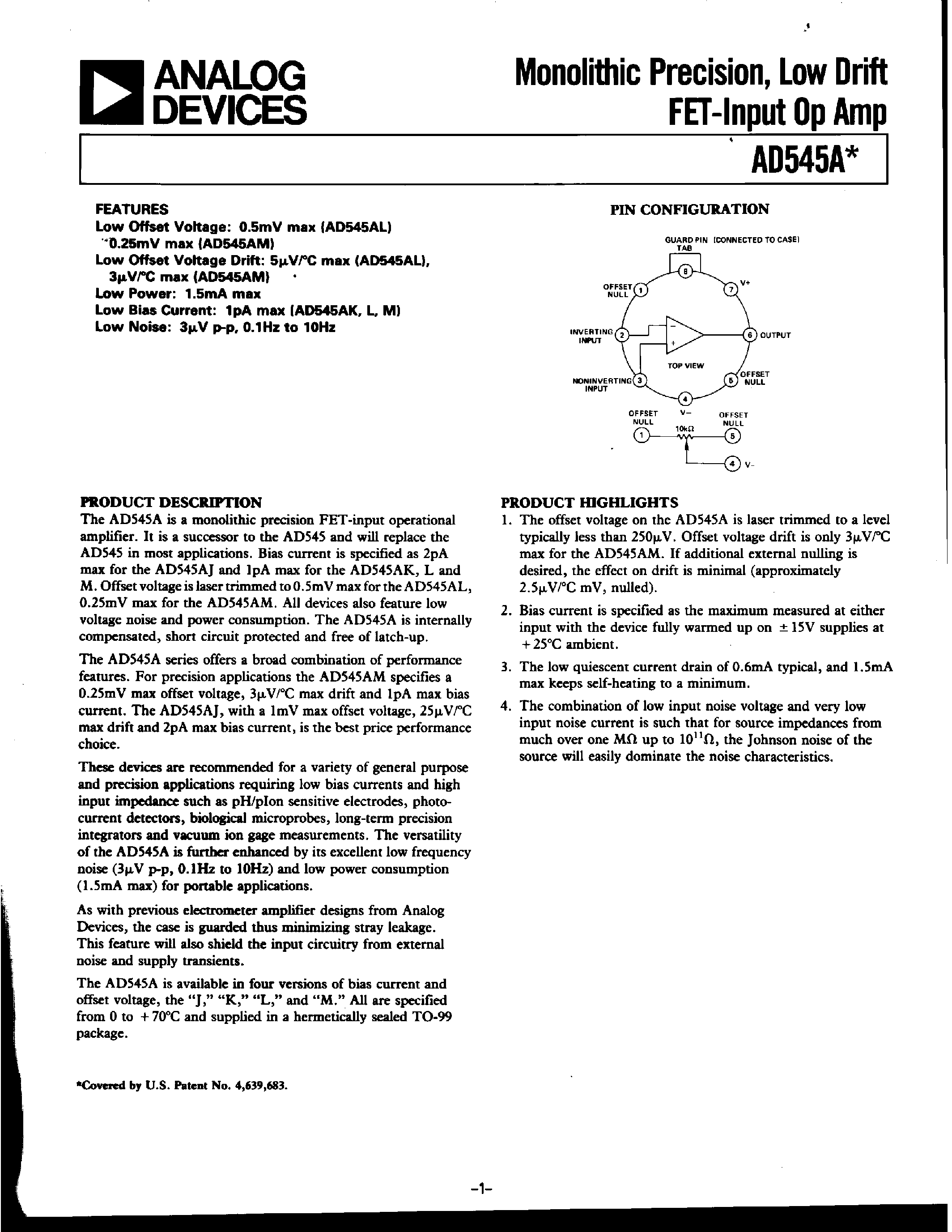 Datasheet AD545A - Monolithic Precision/ Low Drift FET-Input Op Amp page 1