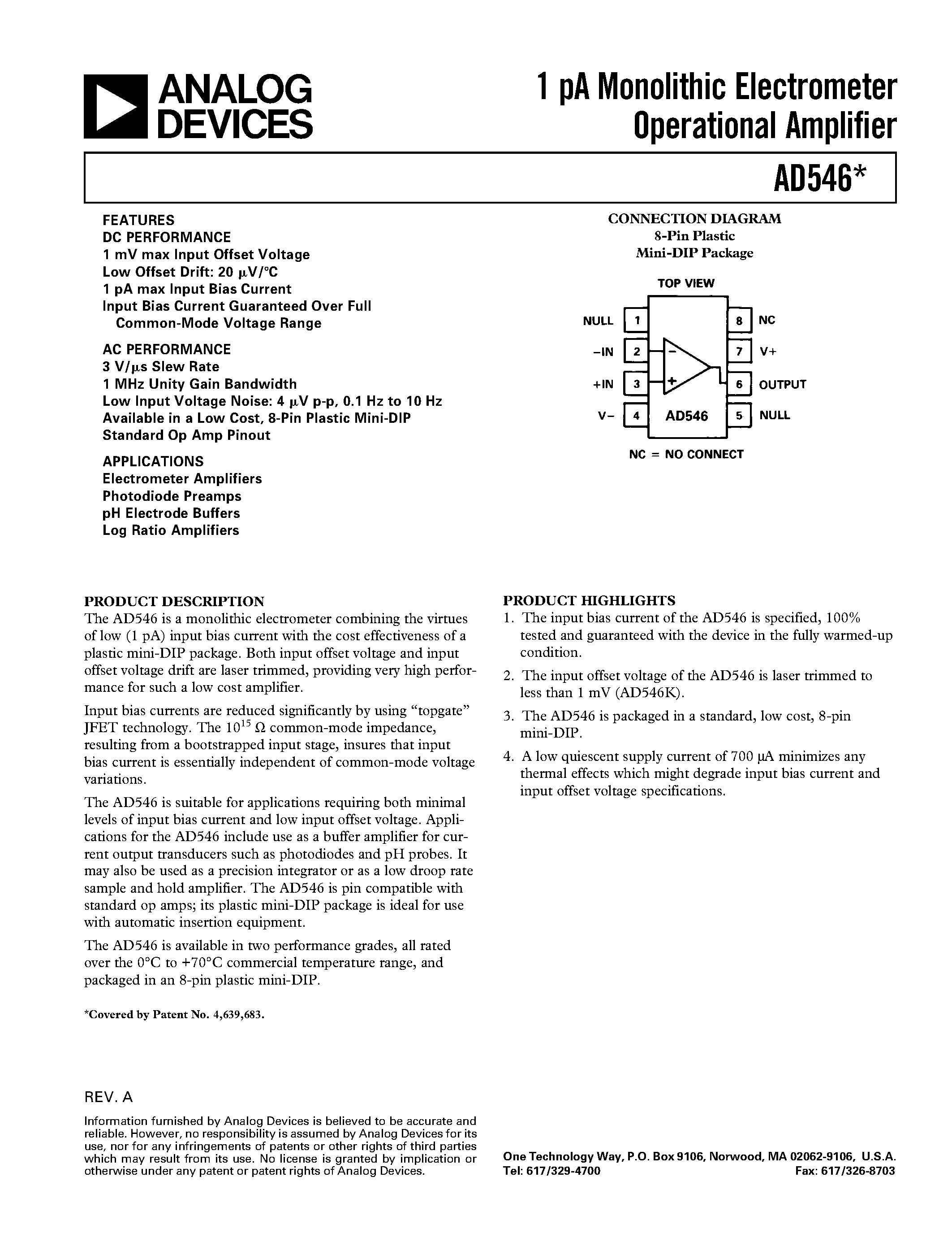 Datasheet AD546 - 1 pA Monolithic Electrometer Operational Amplifier page 1