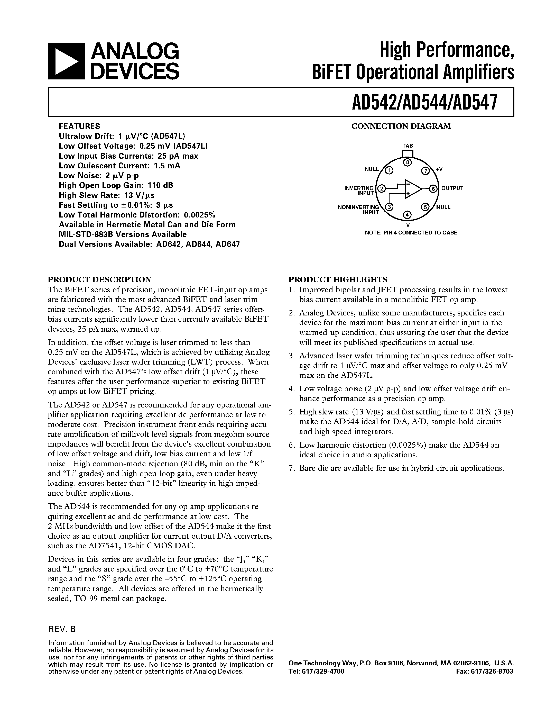 Datasheet AD547 - High Performance/ BiFET Operational Amplifiers page 1