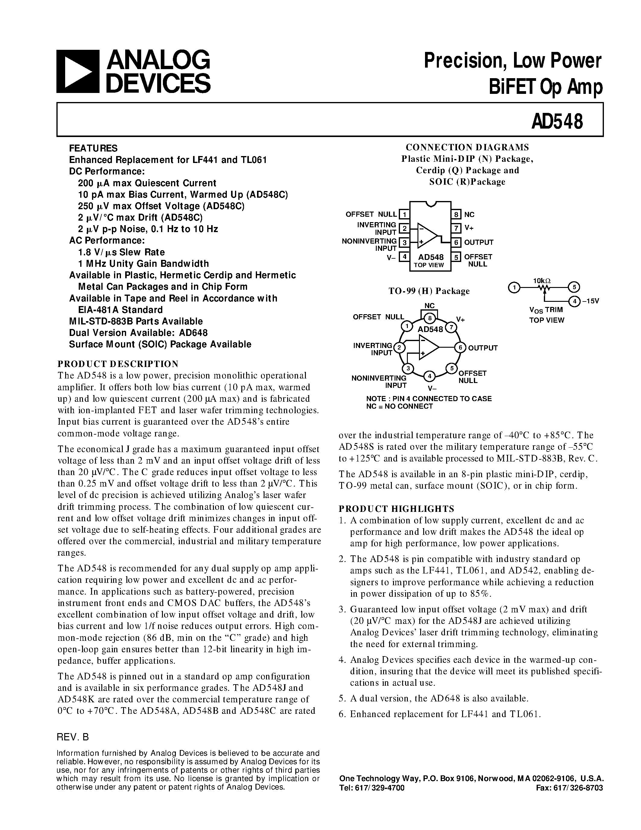 Datasheet AD548 - Precision/ Low Power BiFET Op Amp page 1