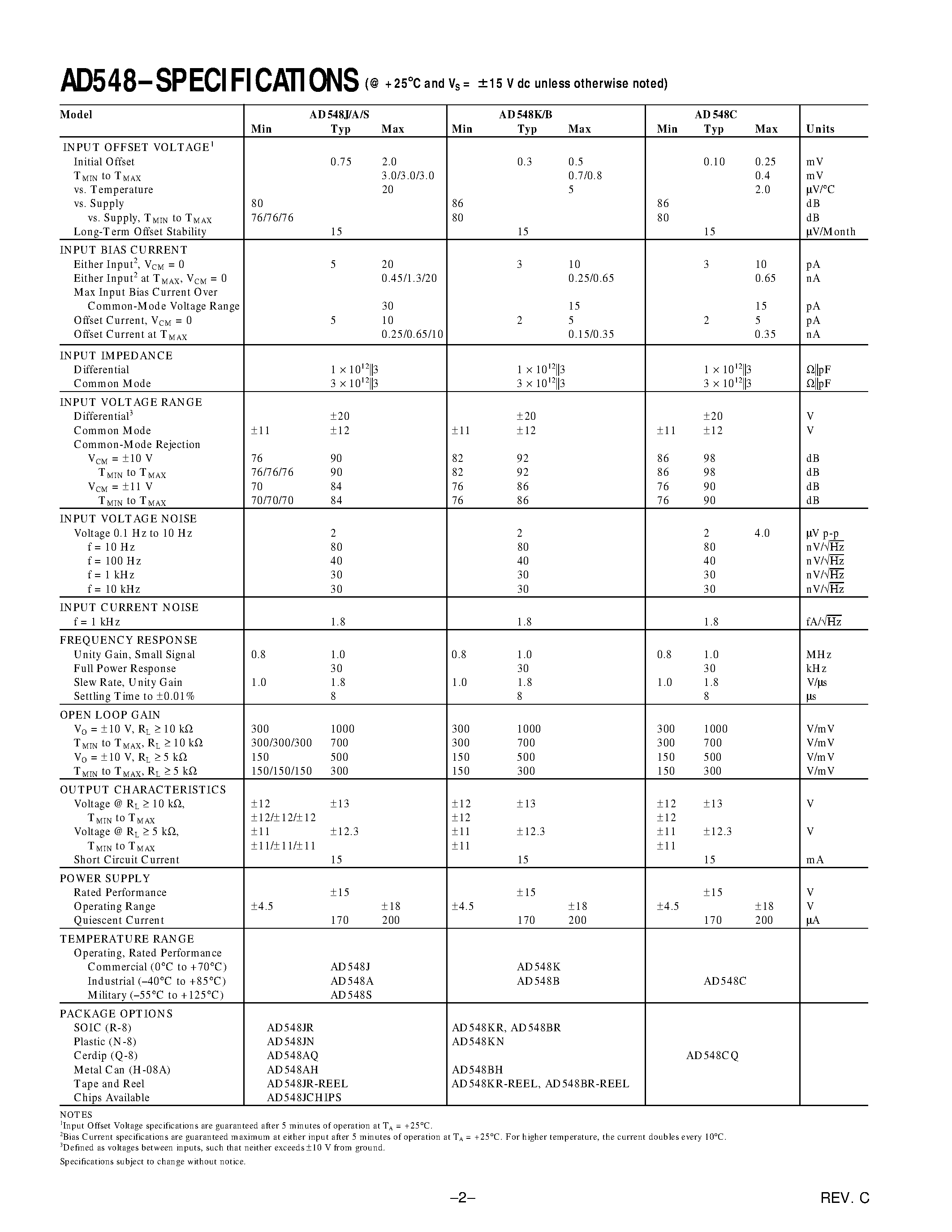 Datasheet AD548 - Precision/ Low Power BiFET Op Amp page 2