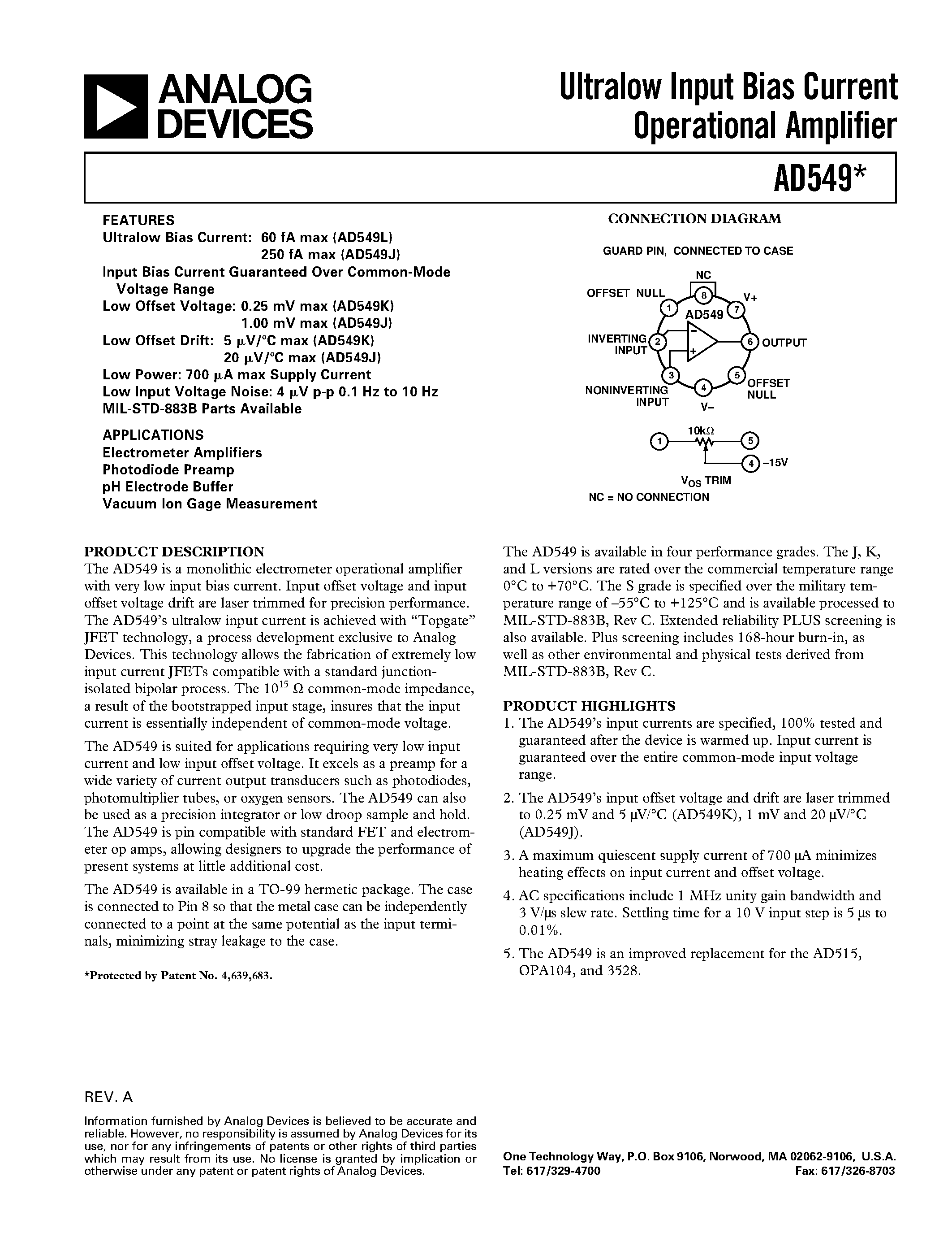 Datasheet AD549 - Ultralow Input Bias Current Operational Amplifier page 1