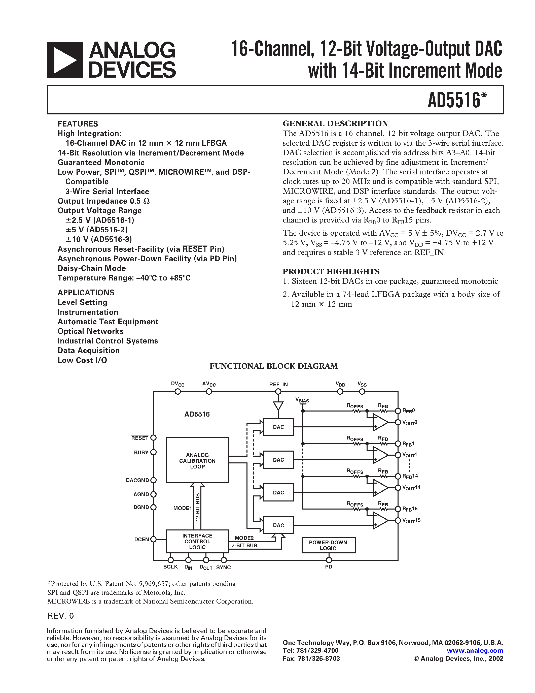 Datasheet AD5516 - 16-Channel/ 12-Bit Voltage-Output DAC with 14-Bit Increment Mode page 1