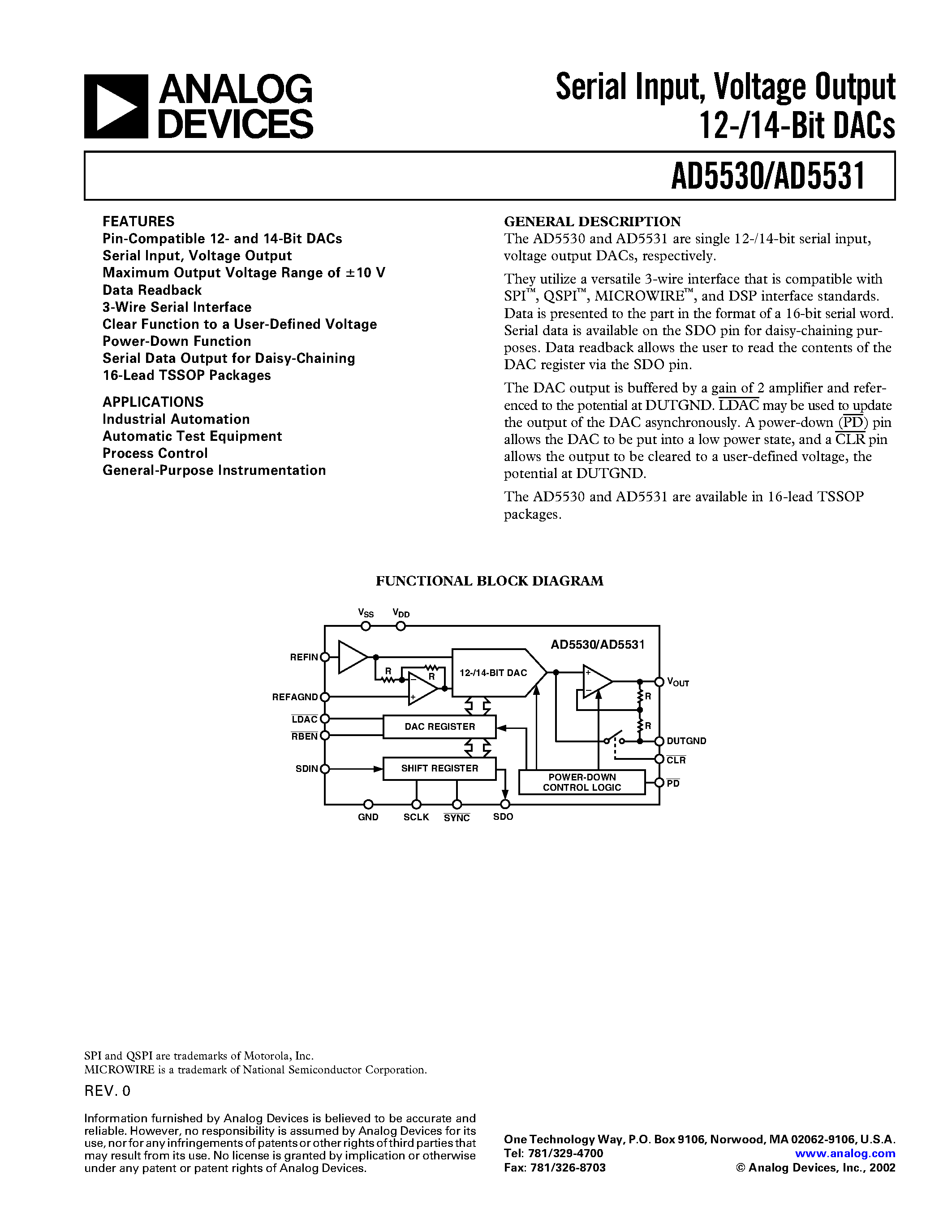 Datasheet AD5530 - Serial Input/ Voltage Output 12-/14-Bit DACs page 1