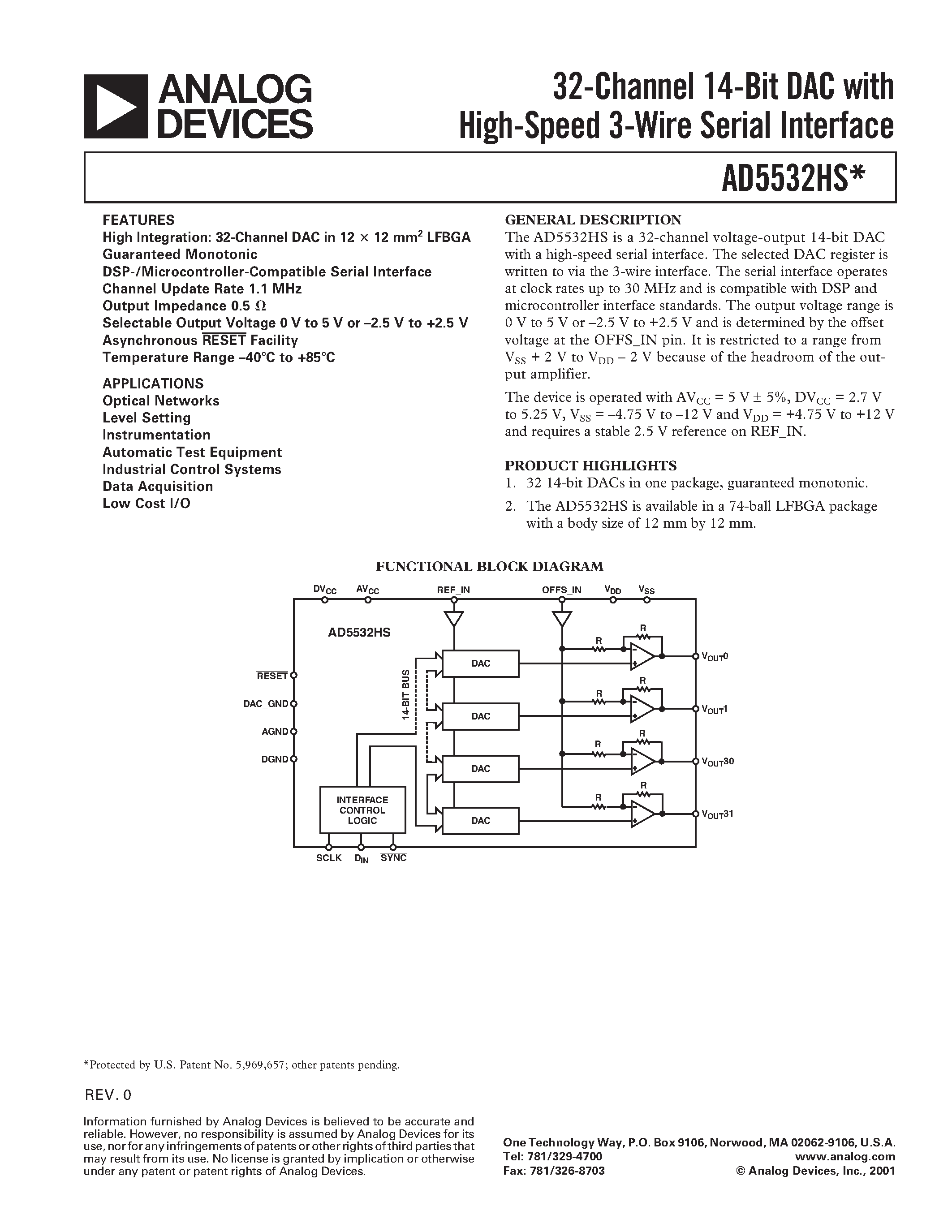 Datasheet AD5532HS - 32-Channel 14-Bit DAC with High-Speed 3-Wire Serial Interface page 1