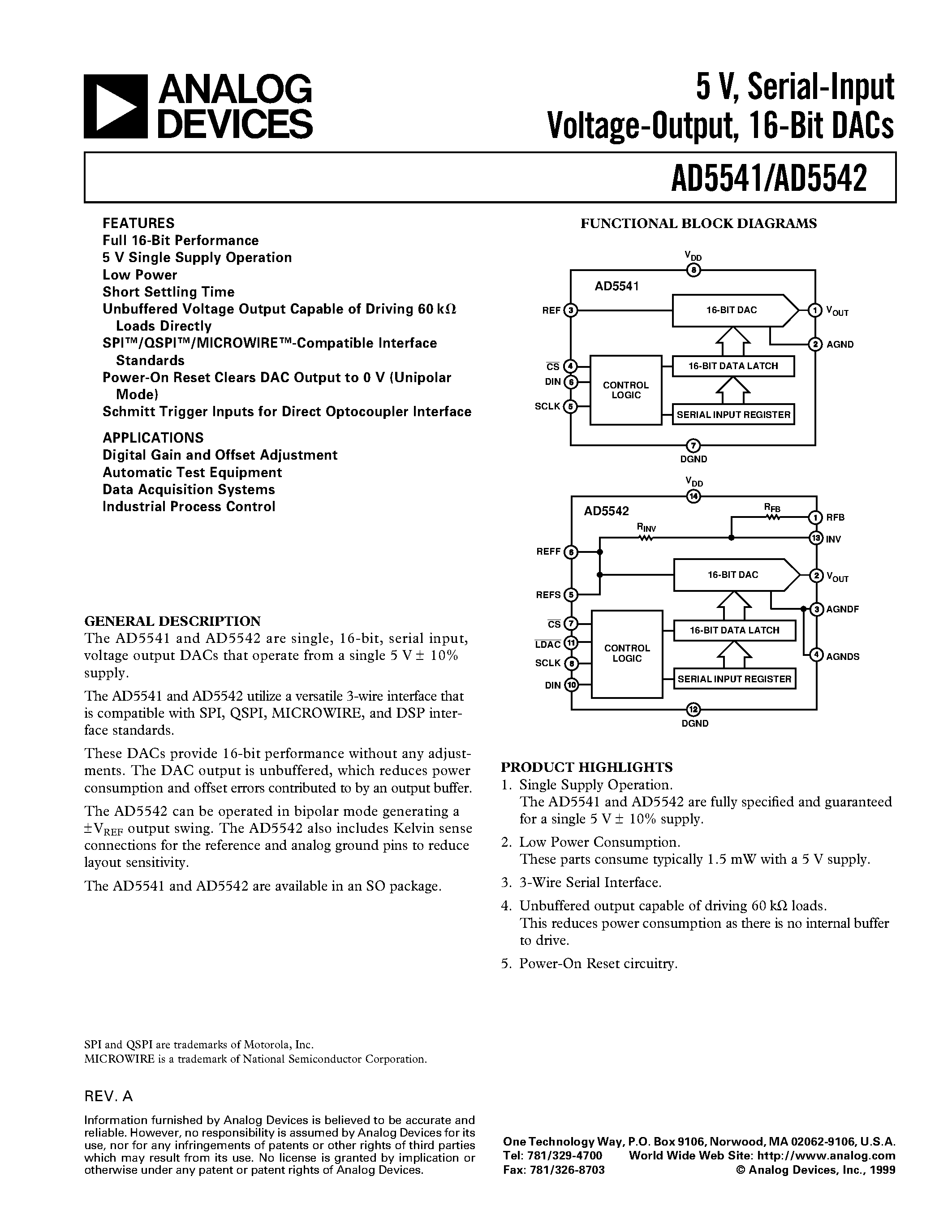 Datasheet AD5541 - 5 V/ Serial-Input Voltage-Output/ 16-Bit DACs page 1