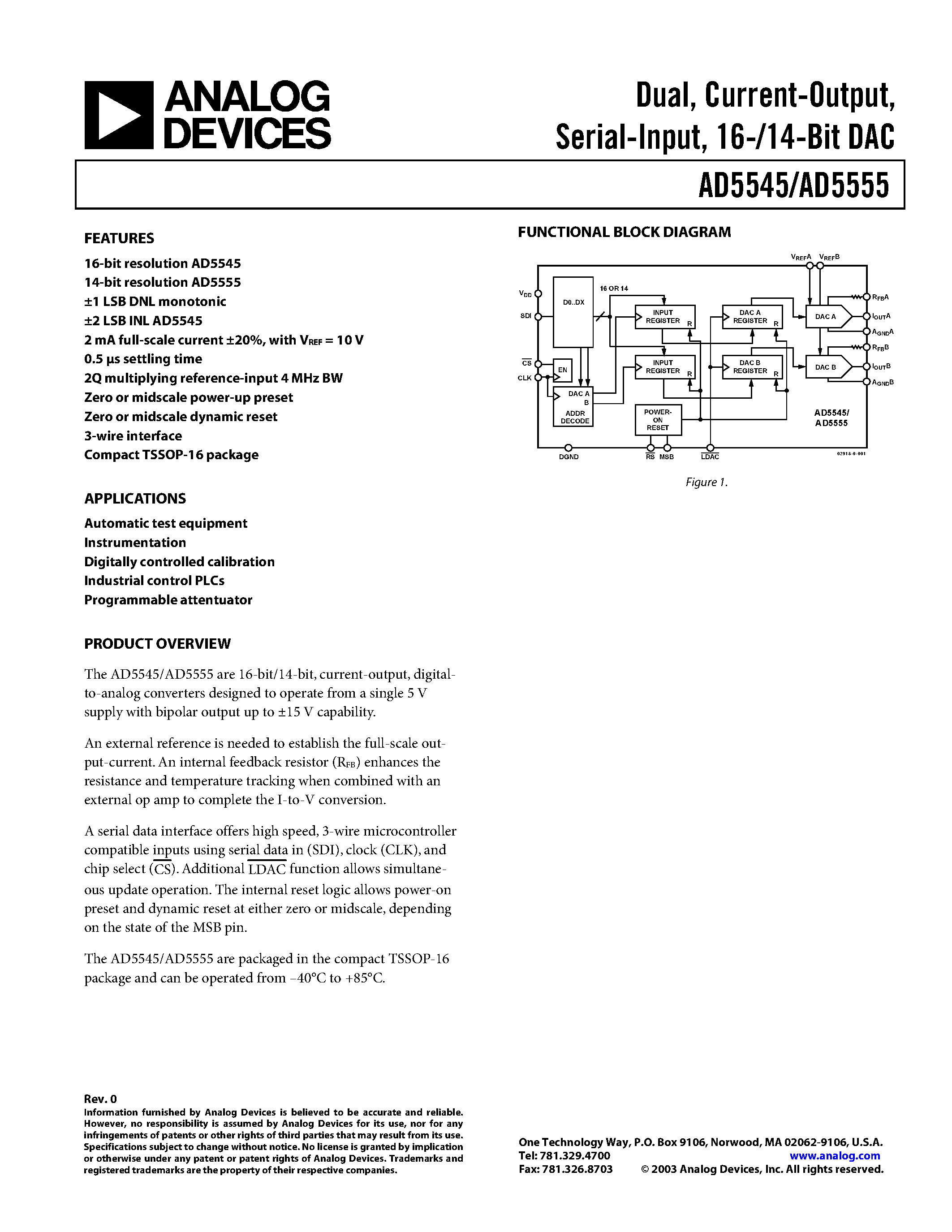 Datasheet AD5545 - Dual/ Current-Output/ Serial-Input/ 16-/14-Bit DAC page 1