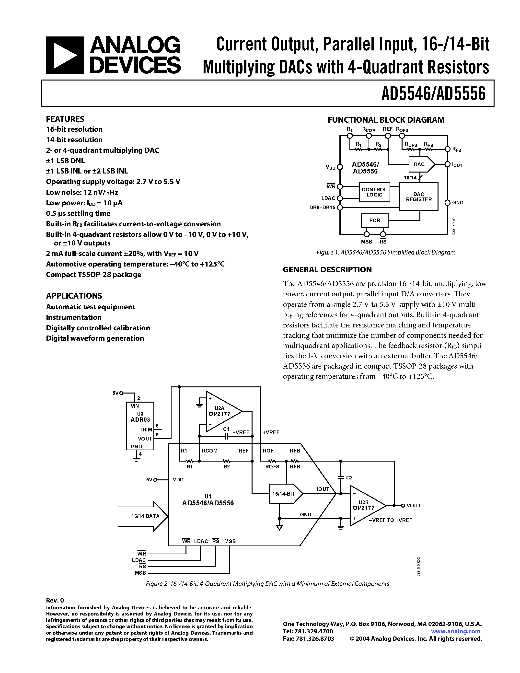 Datasheet AD5546 - Current Output/ Parallel Input/ 16-/14-Bit Multiplying DACs with 4-Quadrant Resistors page 1