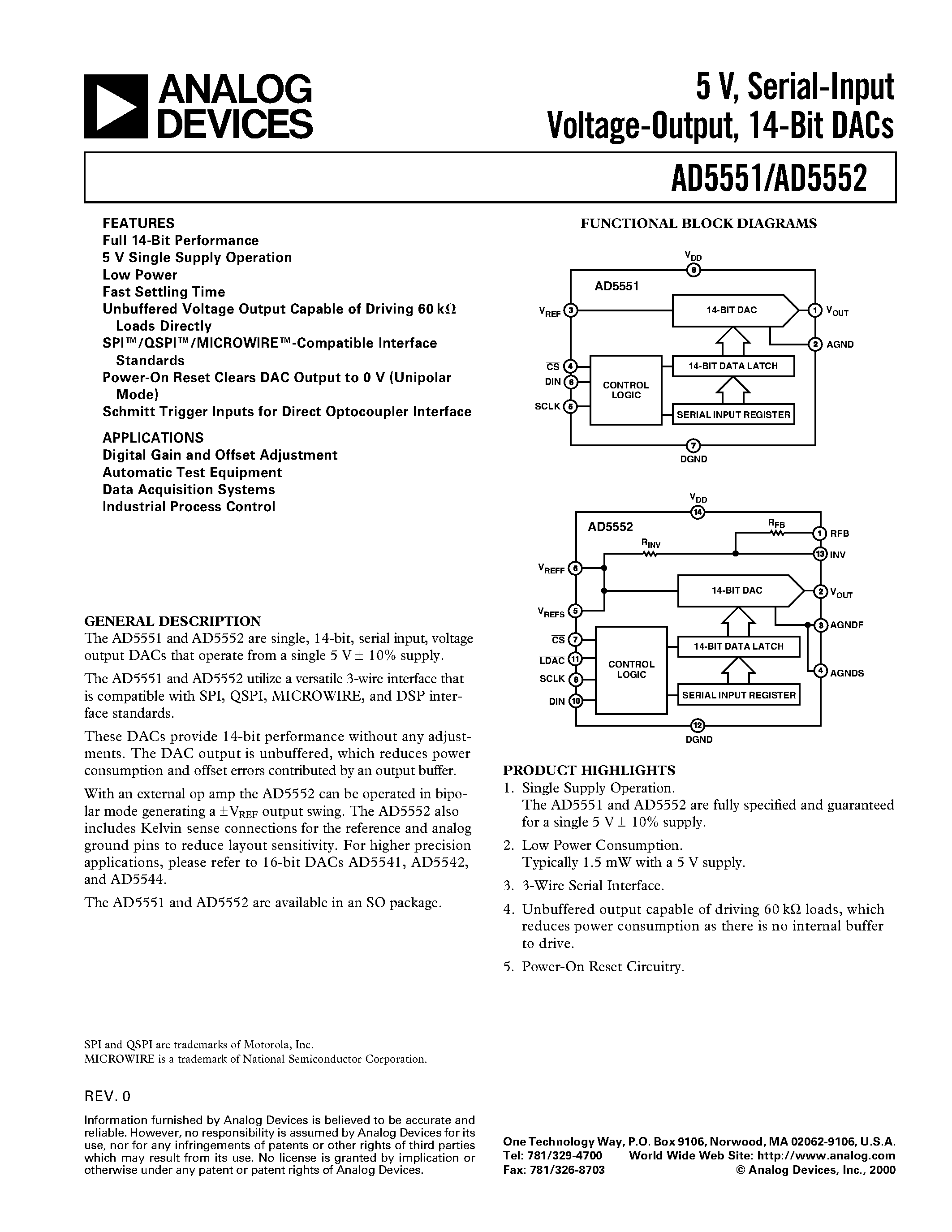 Datasheet AD5551 - 5 V/ Serial-Input Voltage-Output/ 14-Bit DACs page 1