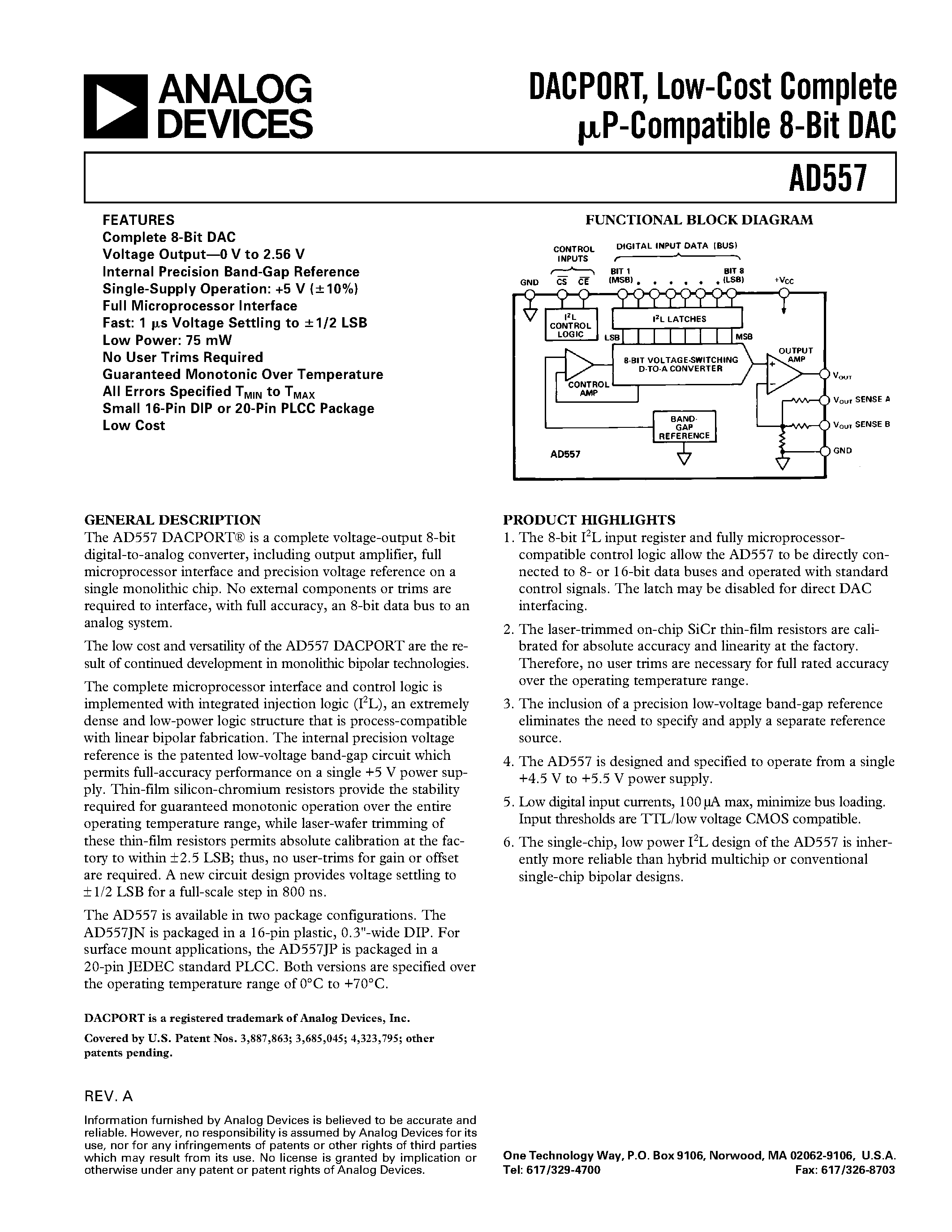 Datasheet AD557 - DACPORT/ Low-Cost Complete mP-Compatible 8-Bit DAC page 1