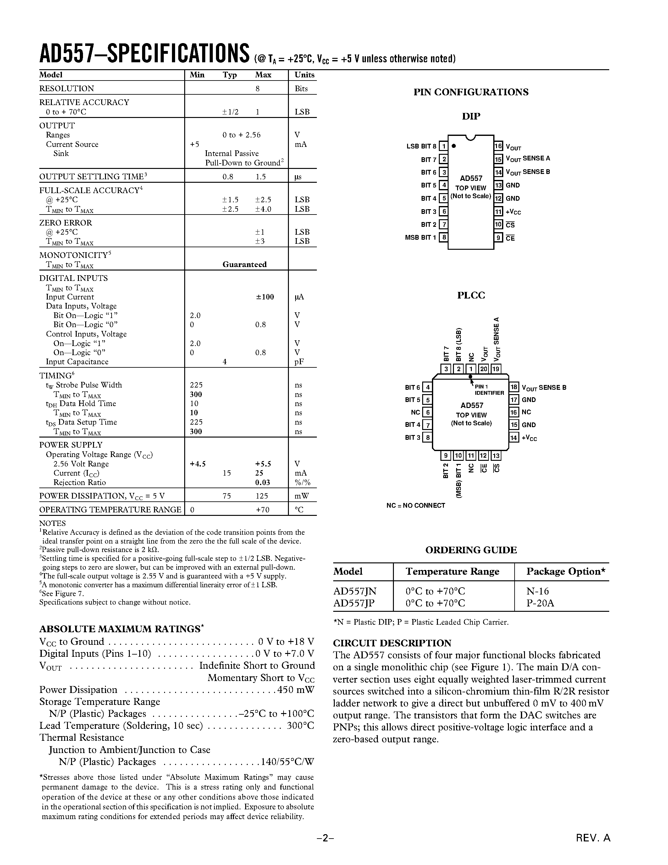 Datasheet AD557 - DACPORT/ Low-Cost Complete mP-Compatible 8-Bit DAC page 2