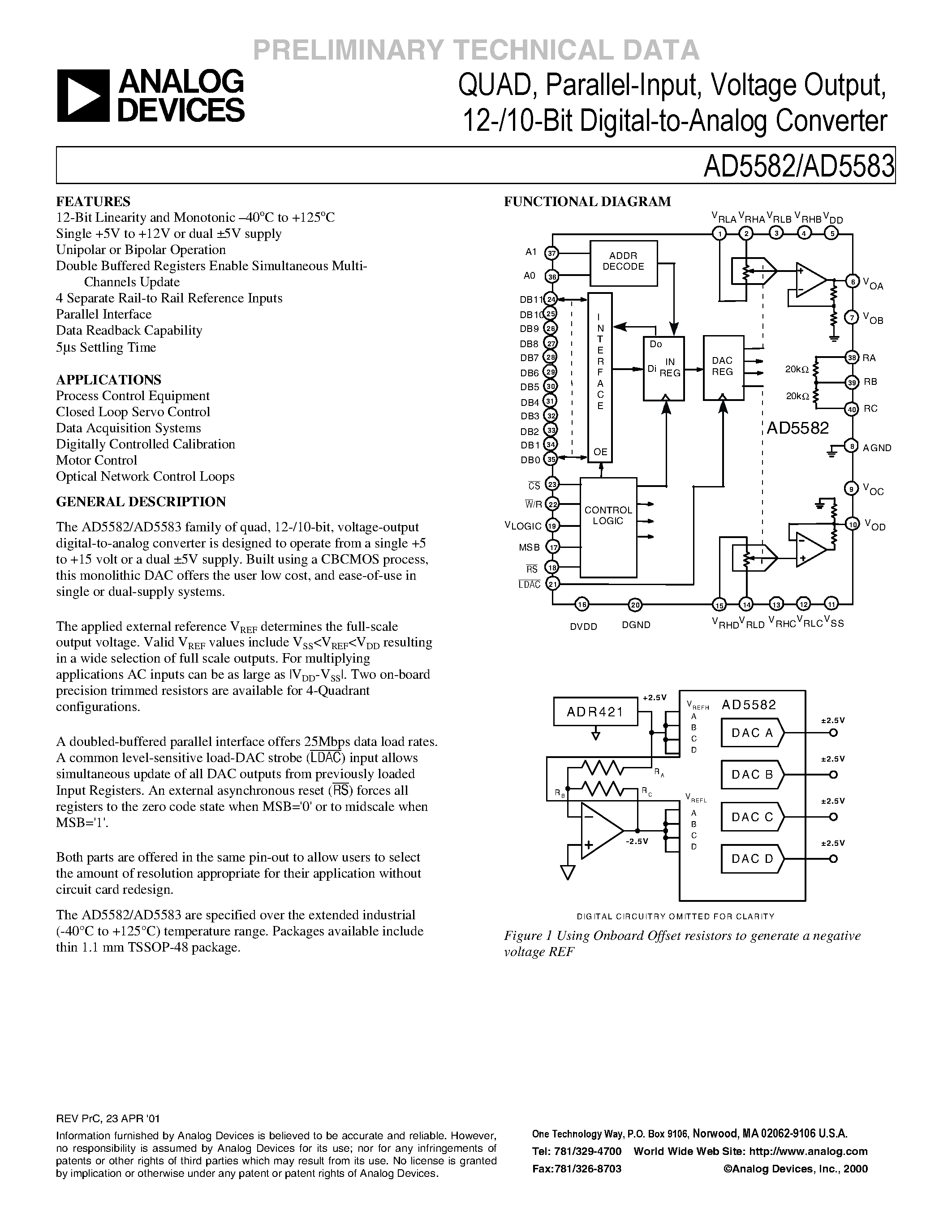 Datasheet AD5582 - QUAD/ Parallel-Input/ Voltage Output/ 12-/10-Bit Digital-to-Analog Converter page 1