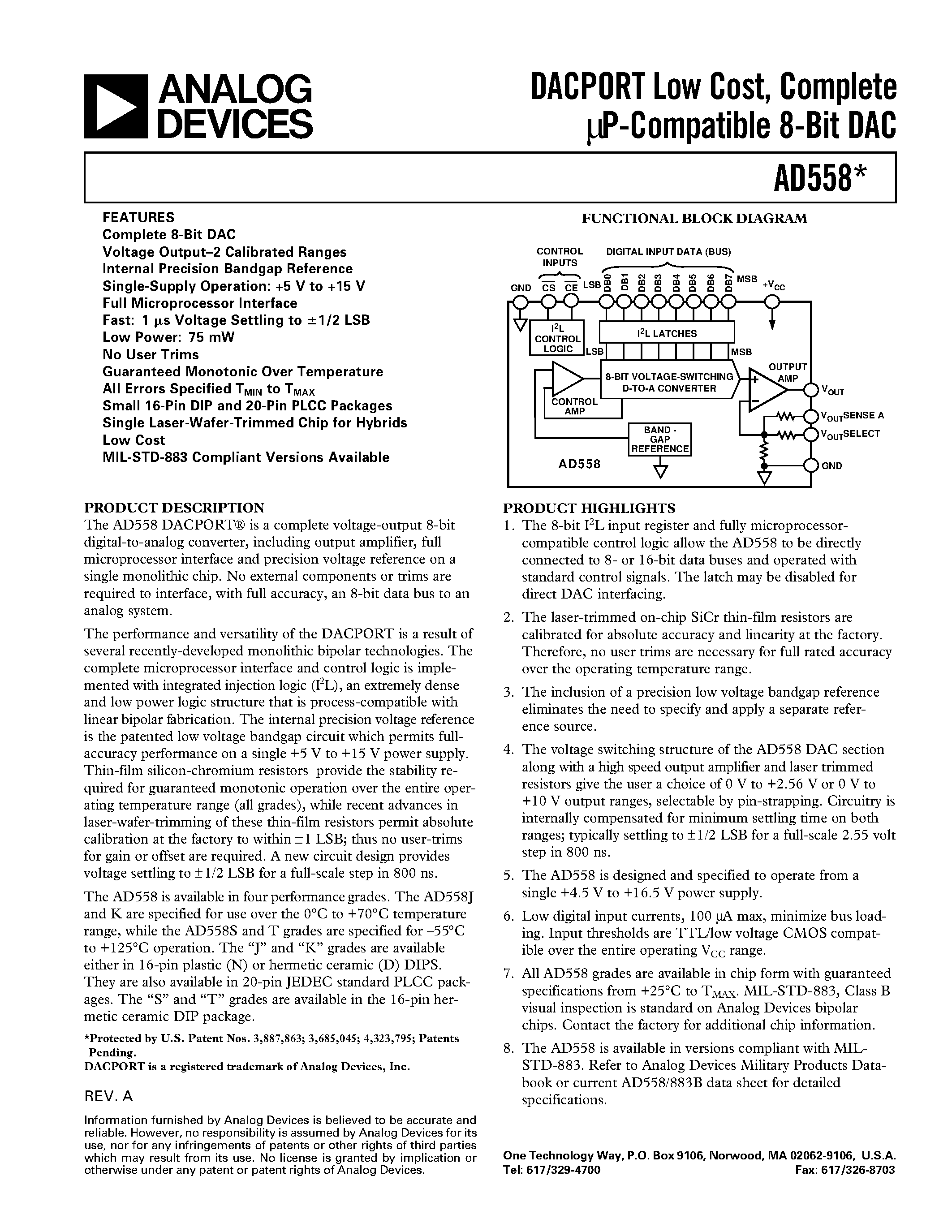 Datasheet AD558JP - DACPORT Low Cost/ Complete uP-Compatible 8-Bit DAC page 1