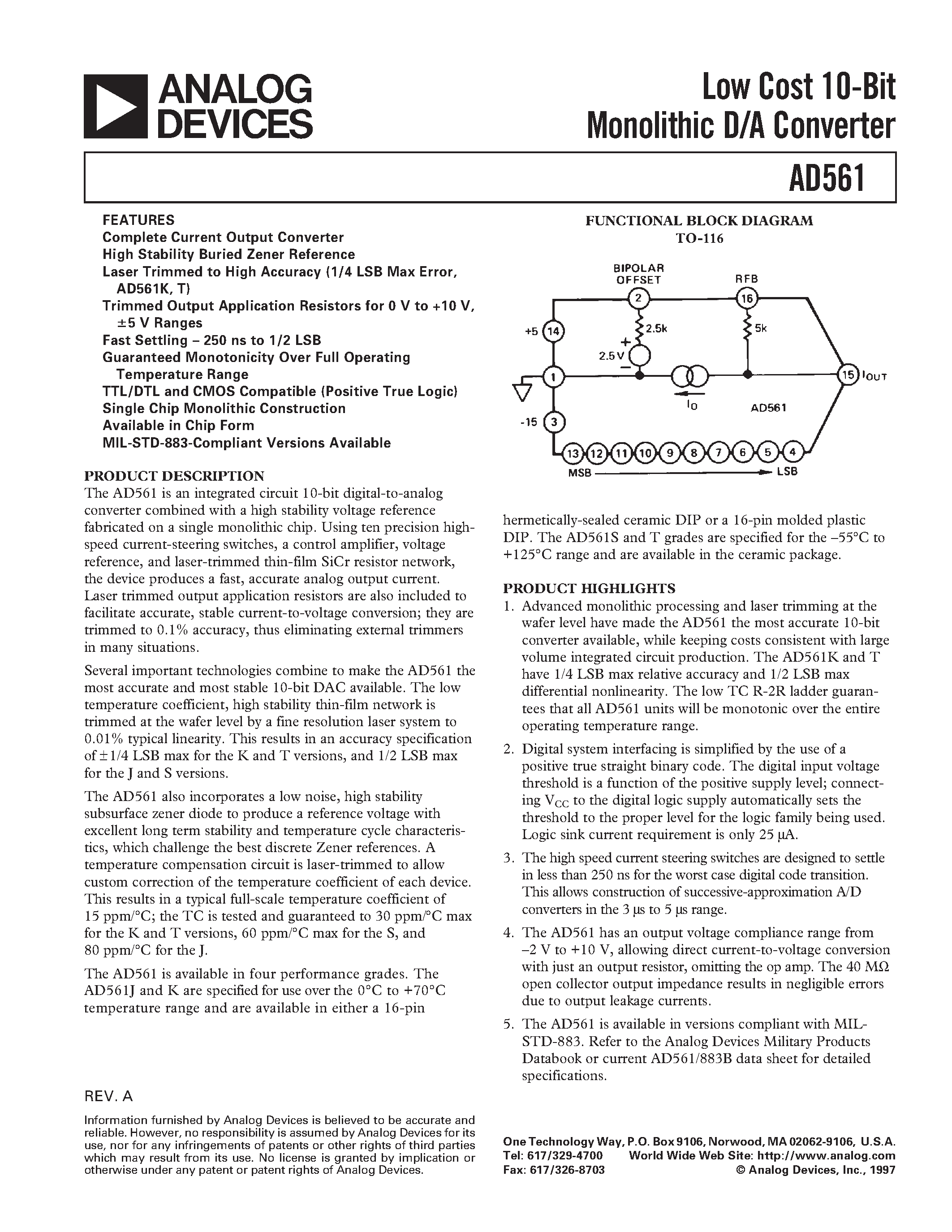 Datasheet AD561 - Low Cost 10-Bit Monolithic D/A Converter page 1