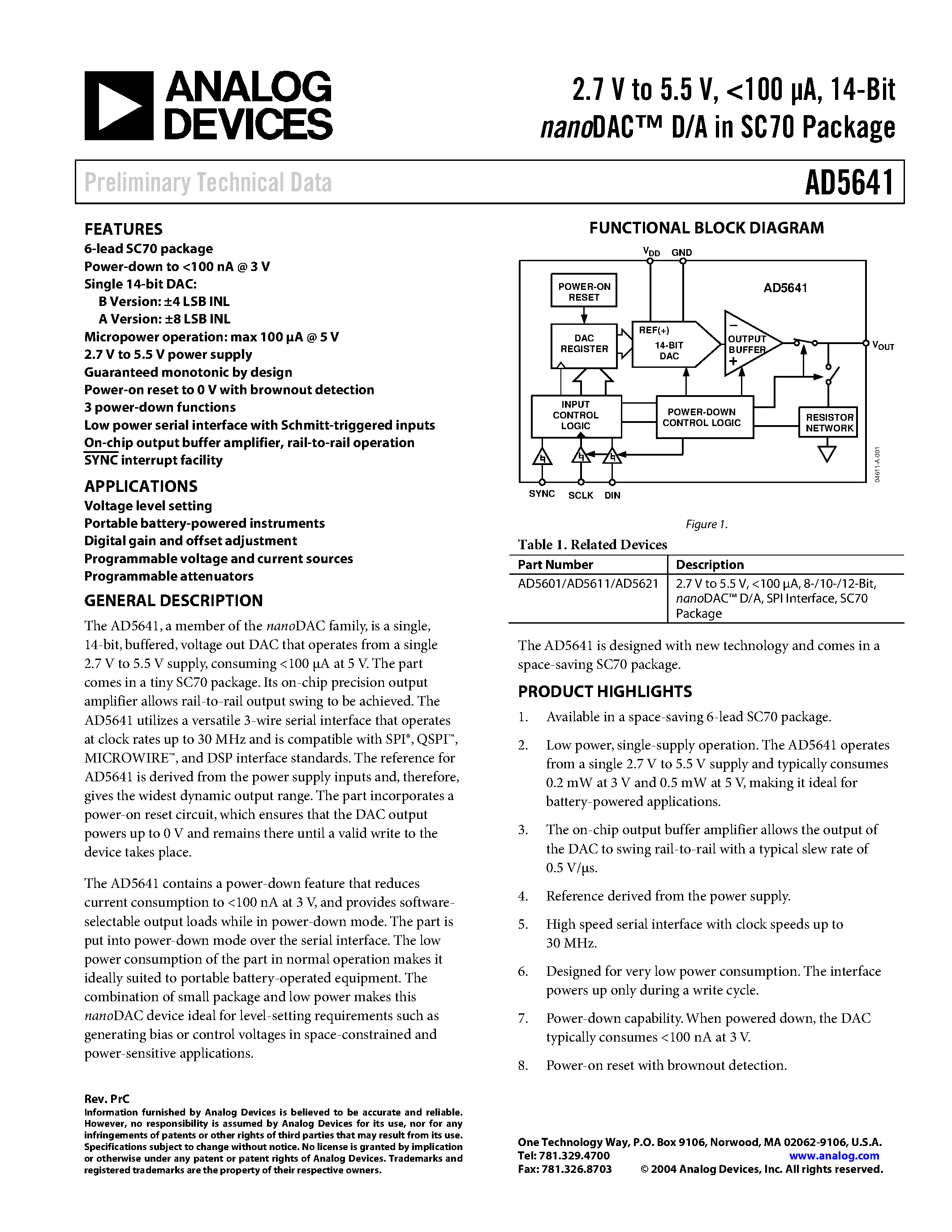 Datasheet AD5641 - 2.7 V to 5.5 V/ <100 uA/ 14-Bit nanoDAC D/A in SC70 Package page 1