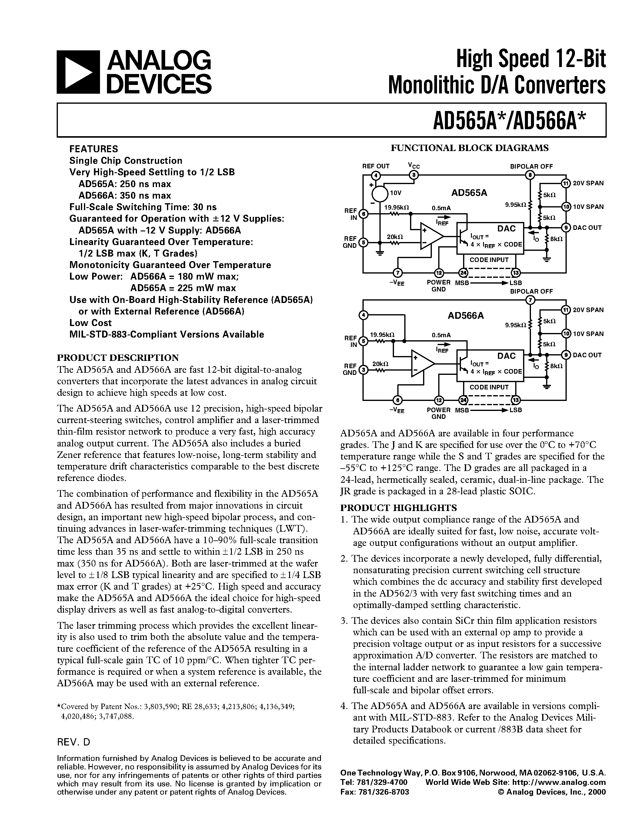 Datasheet AD565 - High Speed 12-Bit Monolithic D/A Converters page 1