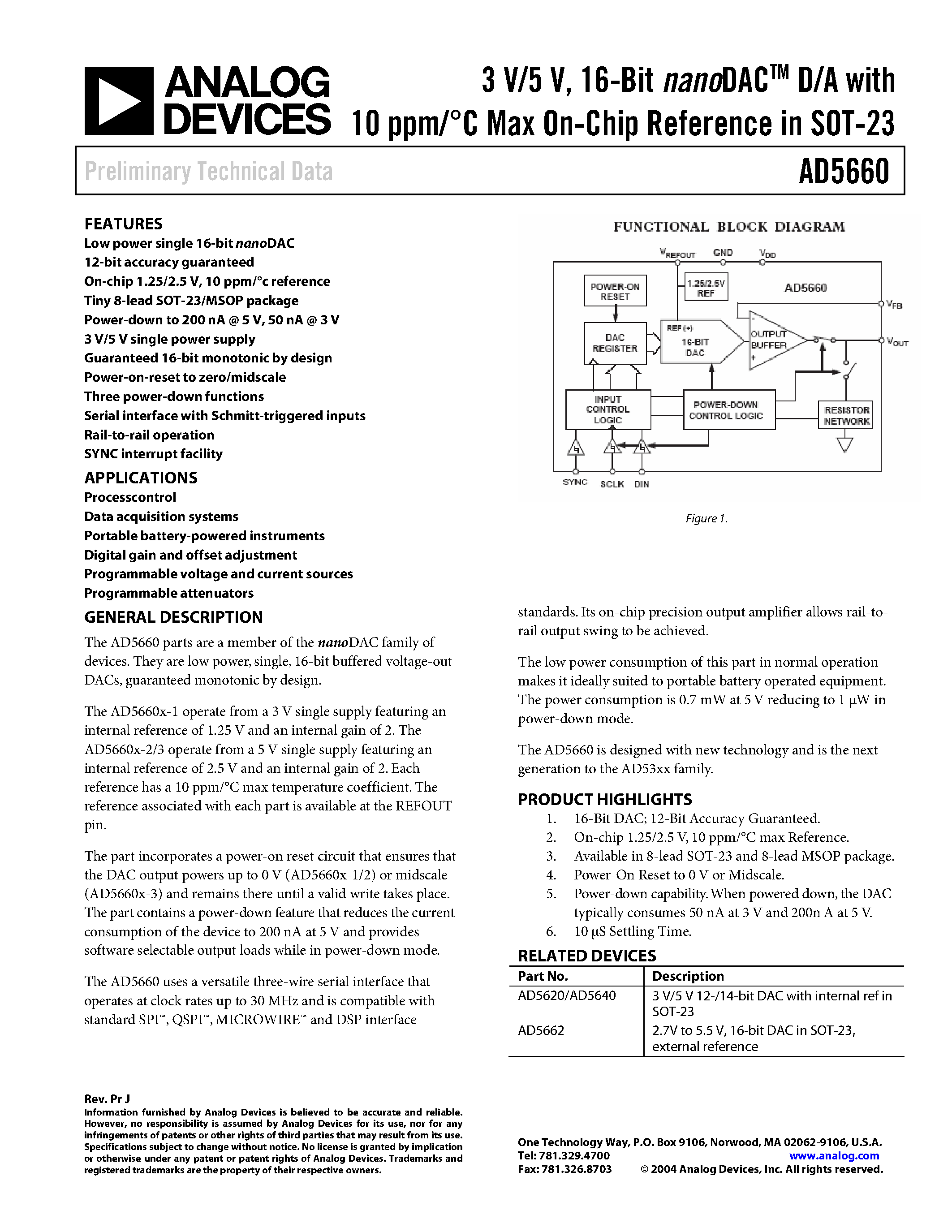 Datasheet AD5660 - 3 V/5 V/ 16-Bit nanoDACTM D/A with 10 ppm/C Max On-Chip Reference in SOT-23 page 1