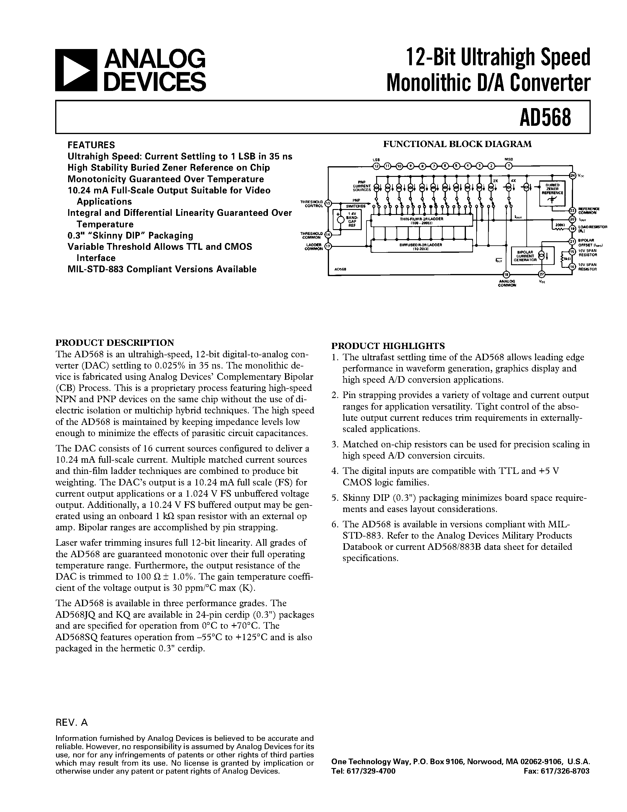 Datasheet AD568 - 12-Bit Ultrahigh Speed Monolithic D/A Converter page 1