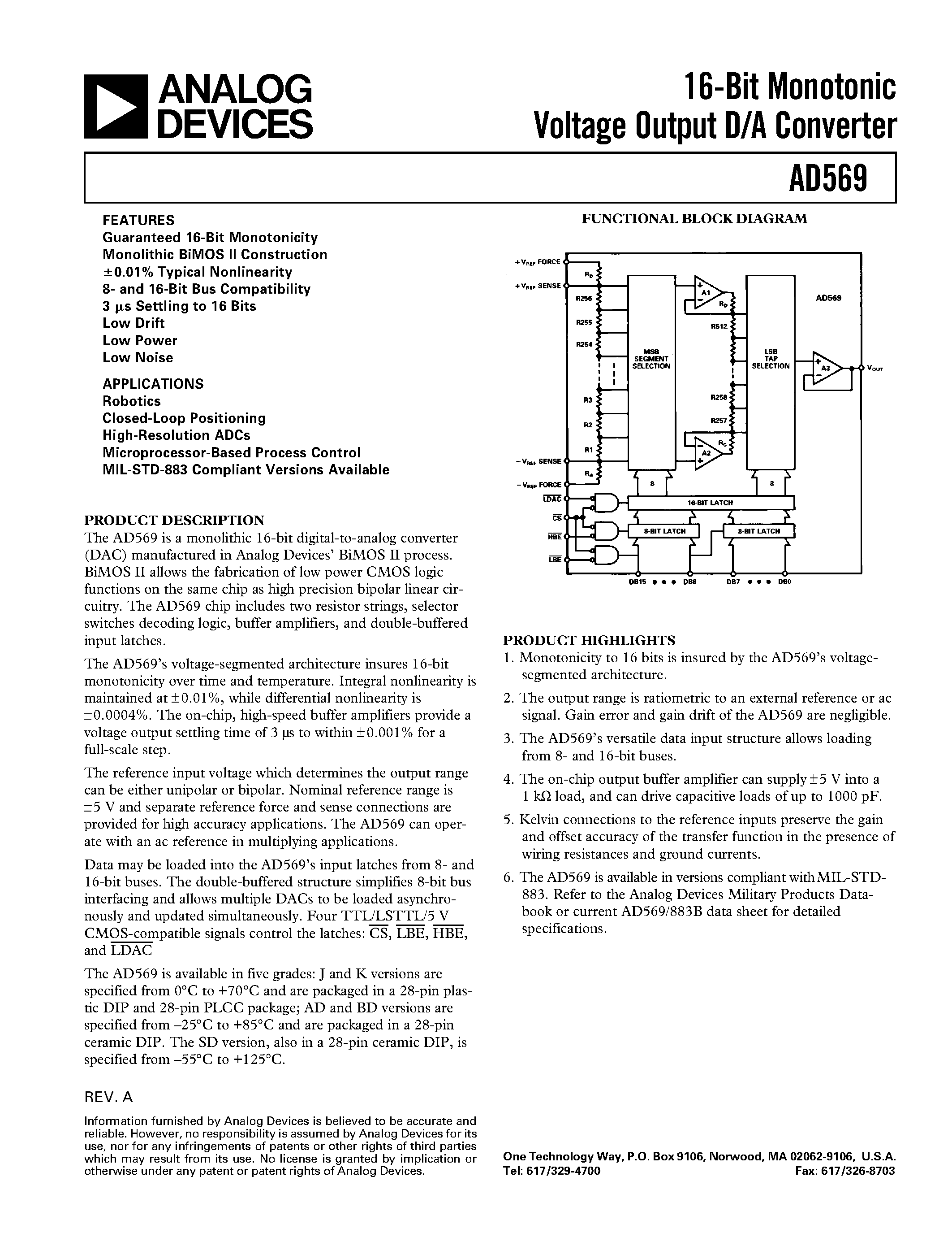 Datasheet AD569 - 16-Bit Monotonic Voltage Output D/A Converter page 1