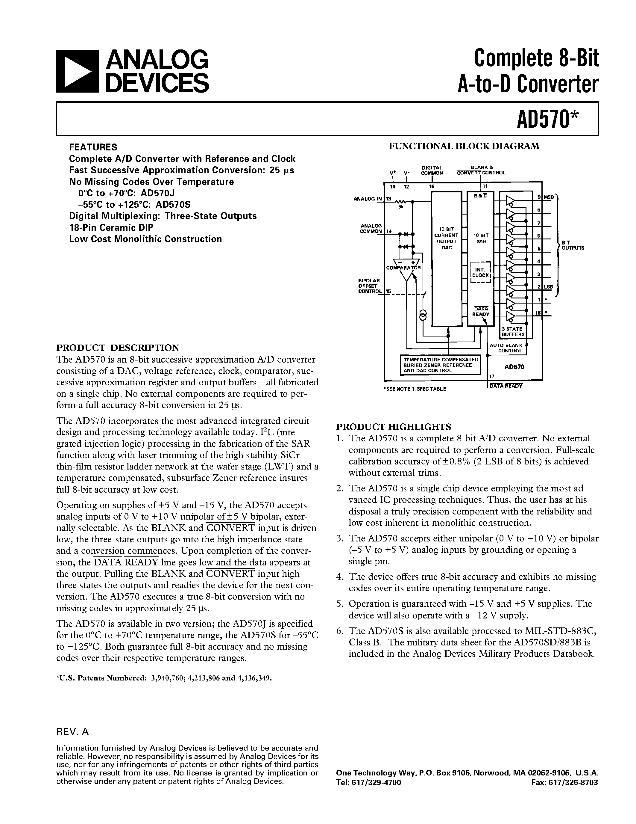 Datasheet AD570 - Complete 8-Bit A-to-D Converter page 1