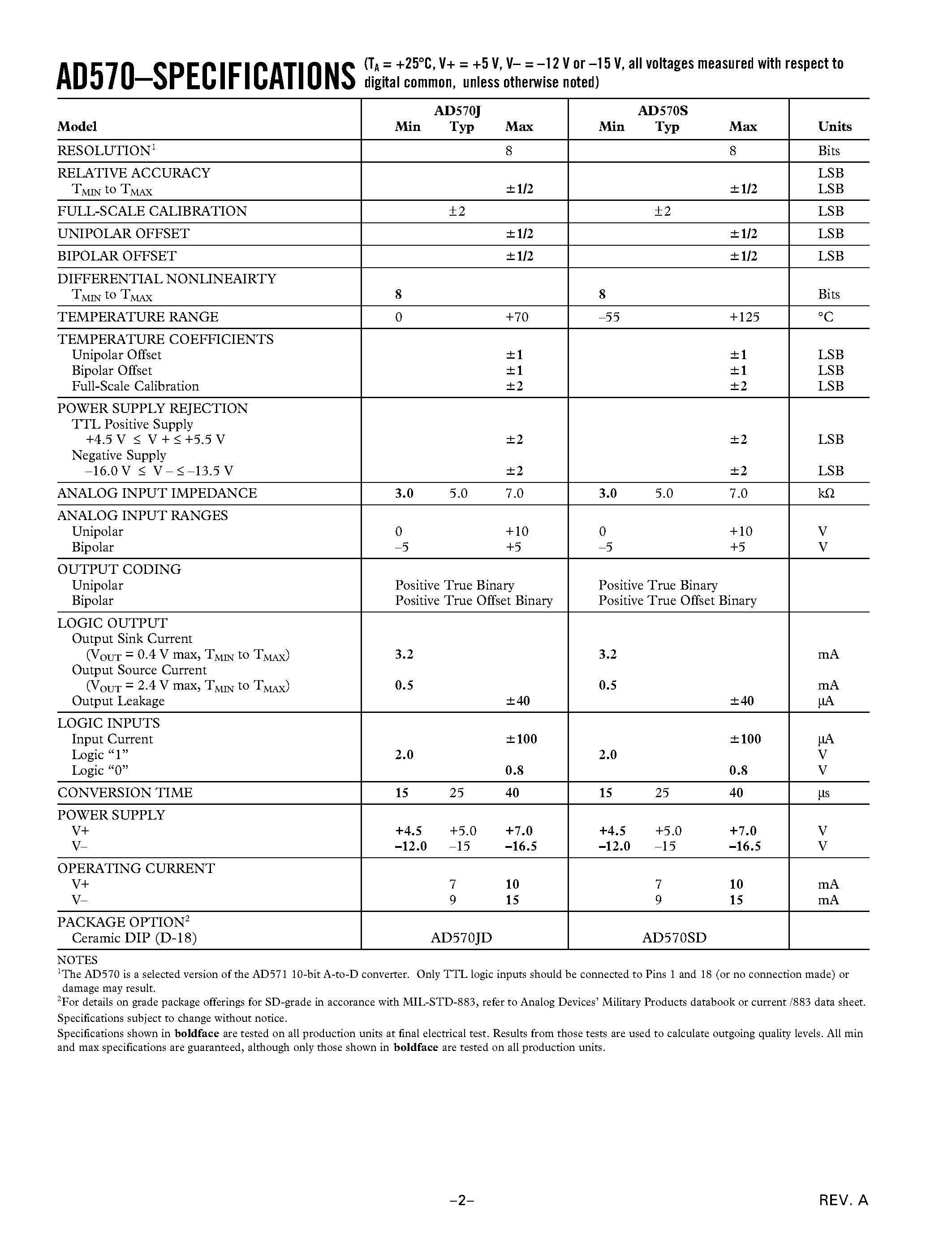 Datasheet AD570 - Complete 8-Bit A-to-D Converter page 2