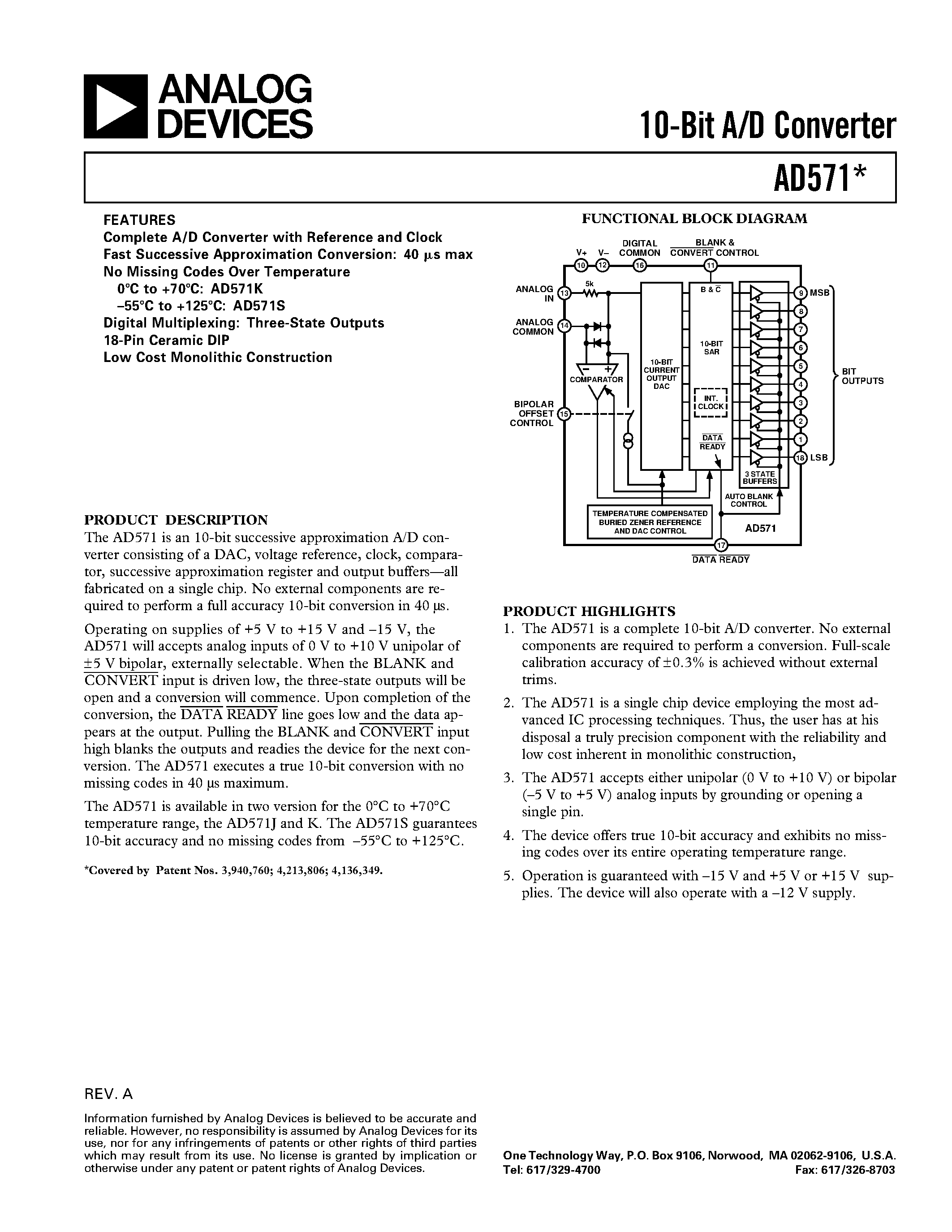 Datasheet AD571 - 10-Bit A/D Converter page 1