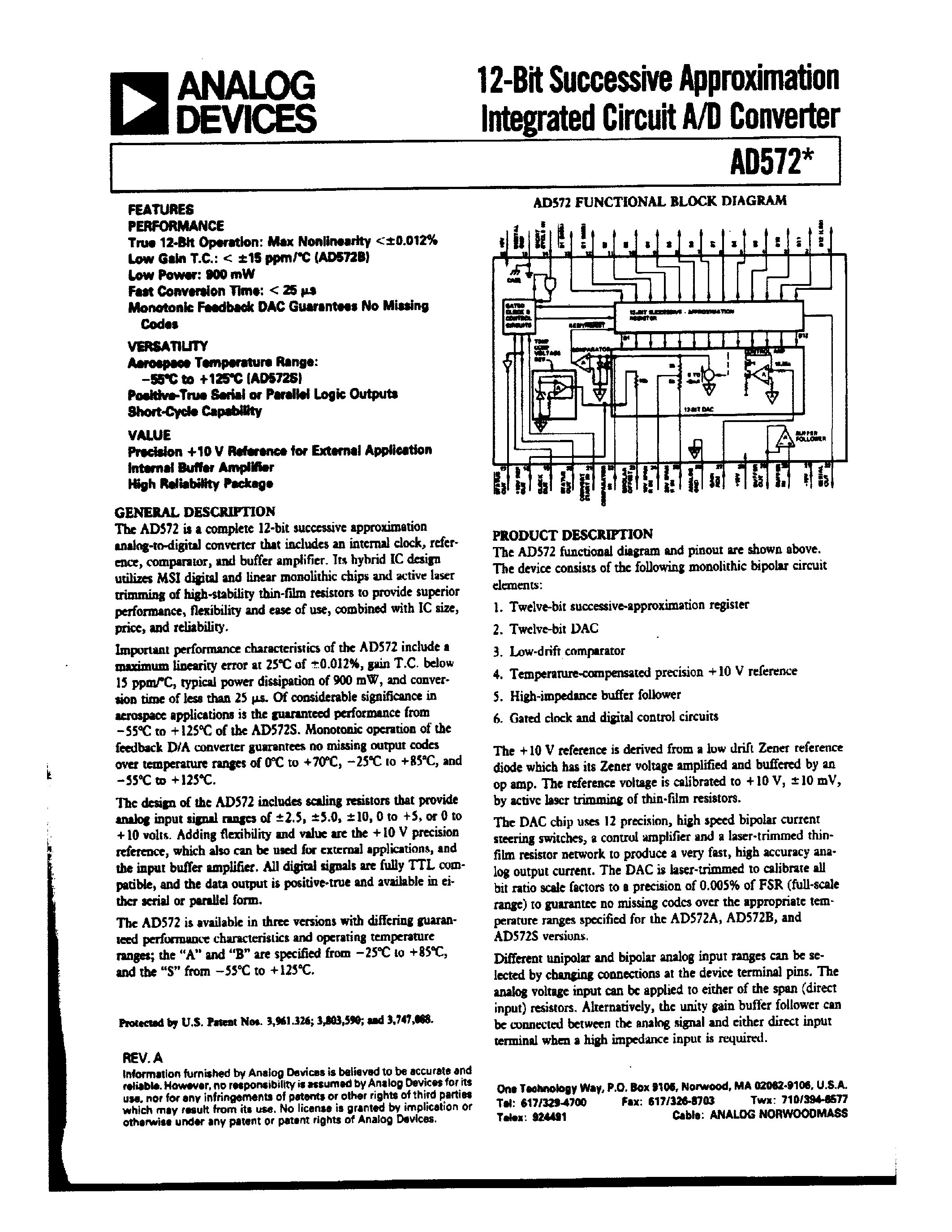 Datasheet AD572 - 12-BIT SUCCESSIVE APPROXIMATION INTEGRATED CIRCUIT A/D CONVERTER page 1