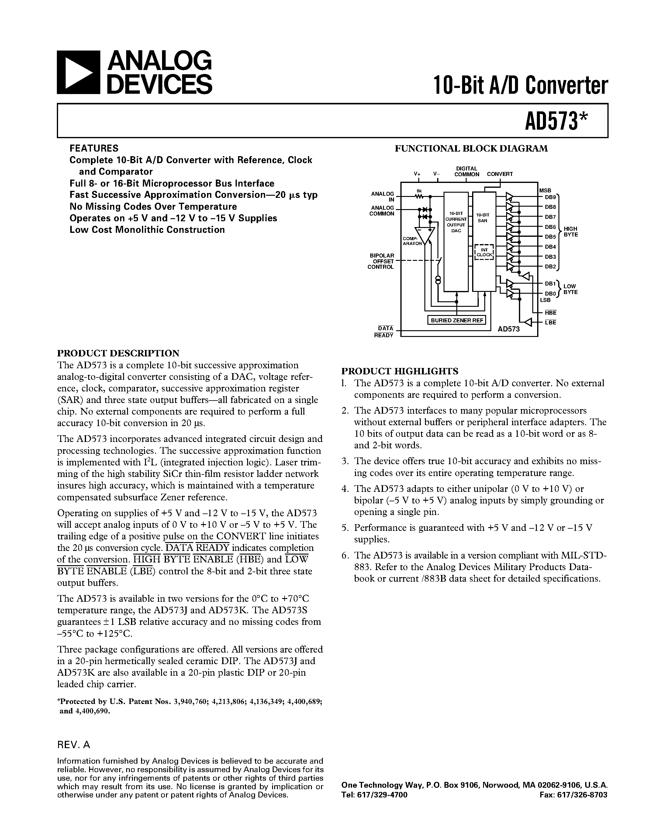 Datasheet AD573 - 10-Bit A/D Converter page 1