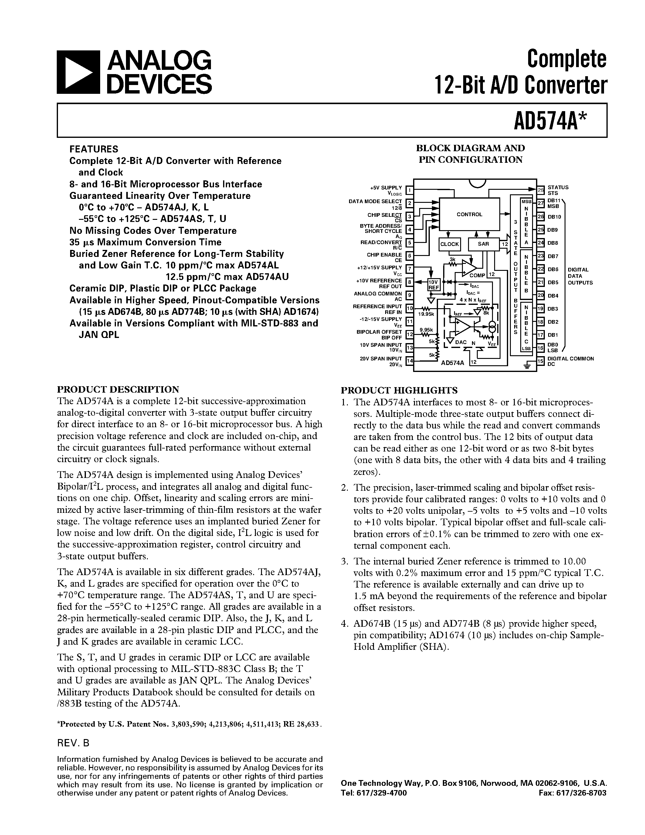 Datasheet AD574AJ - Complete 12-Bit A/D Converter page 1