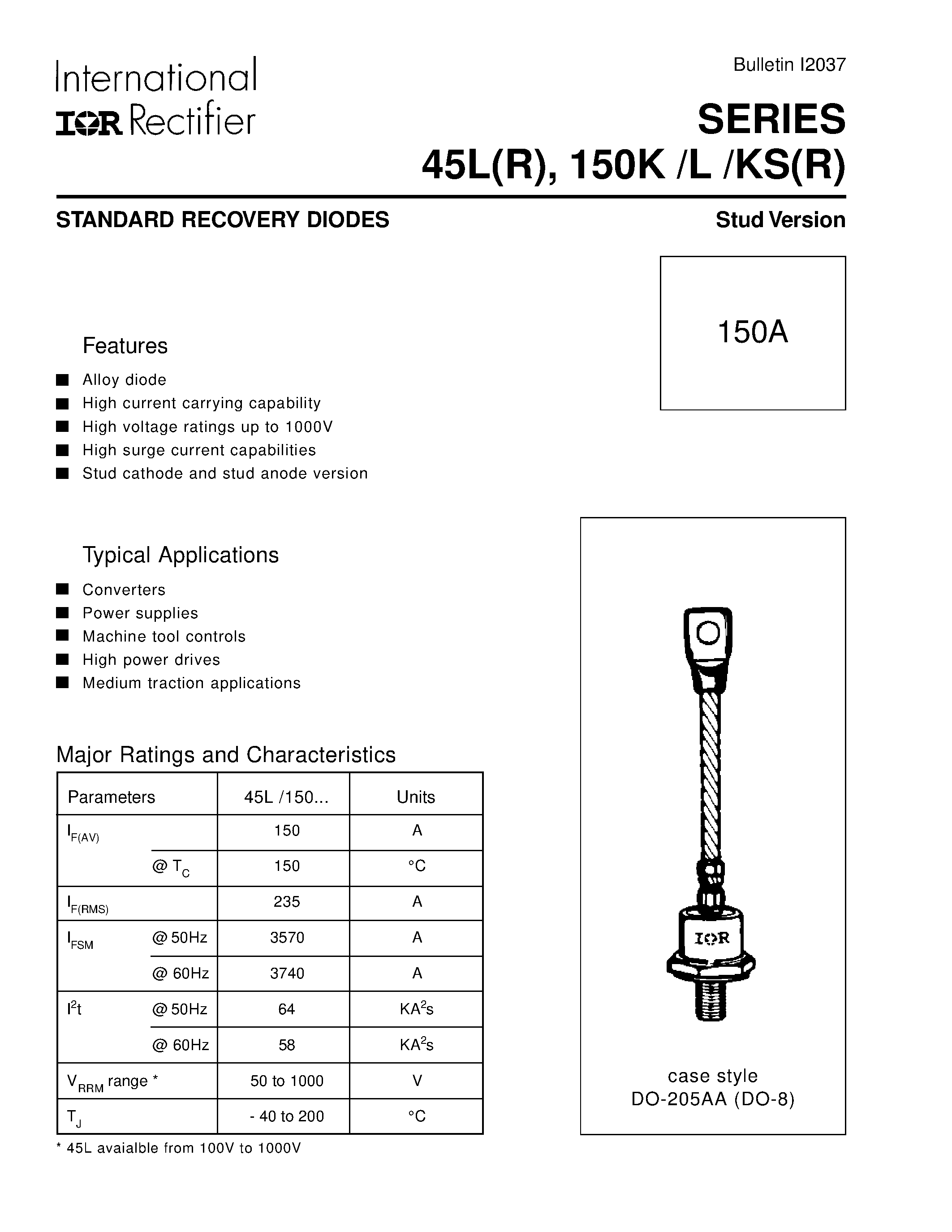 Даташит 150K - STANDARD RECOVERY DIODES Stud Version страница 1