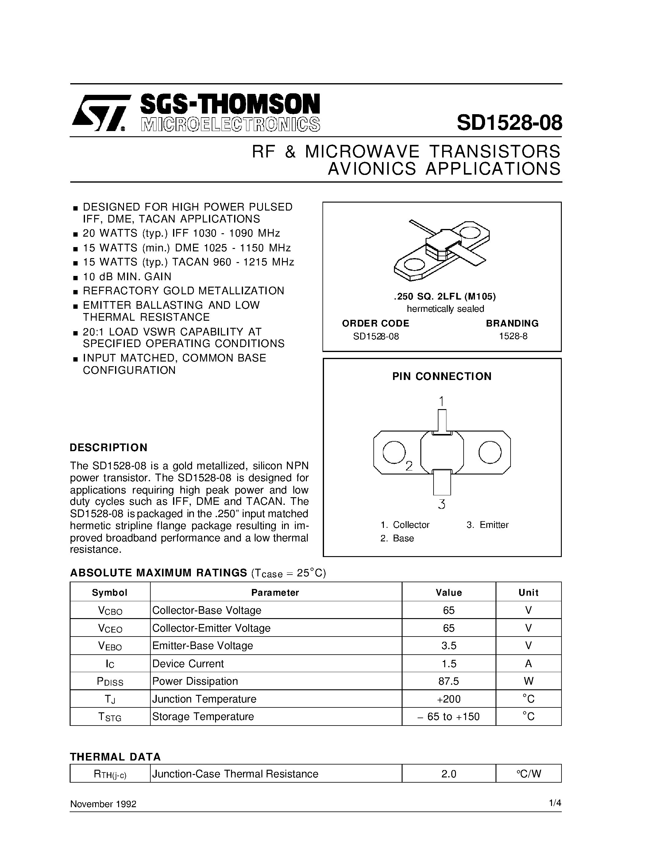 Datasheet 1528-8 - RF & MICROWAVE TRANSISTORS AVIONICS APPLICATIONS page 1