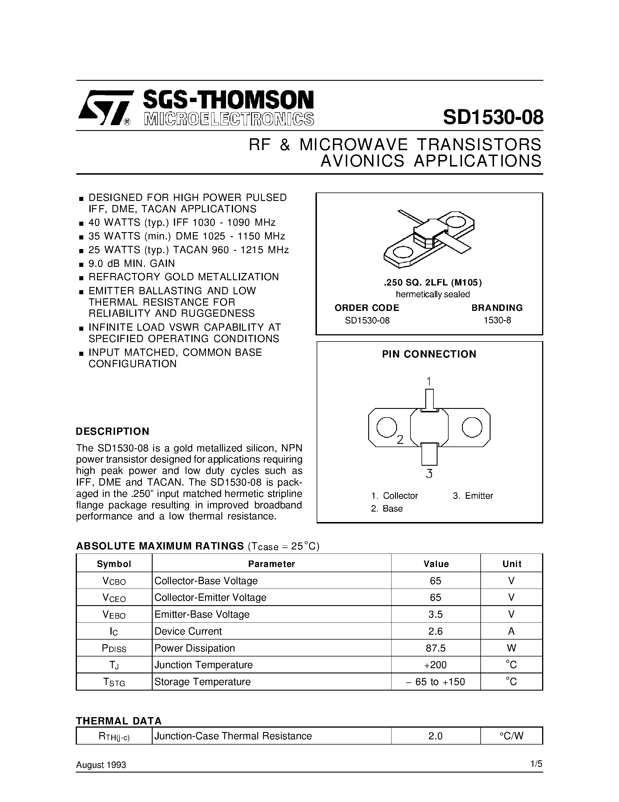 Datasheet 1530-8 - RF & MICROWAVE TRANSISTORS AVIONICS APPLICATIONS page 1