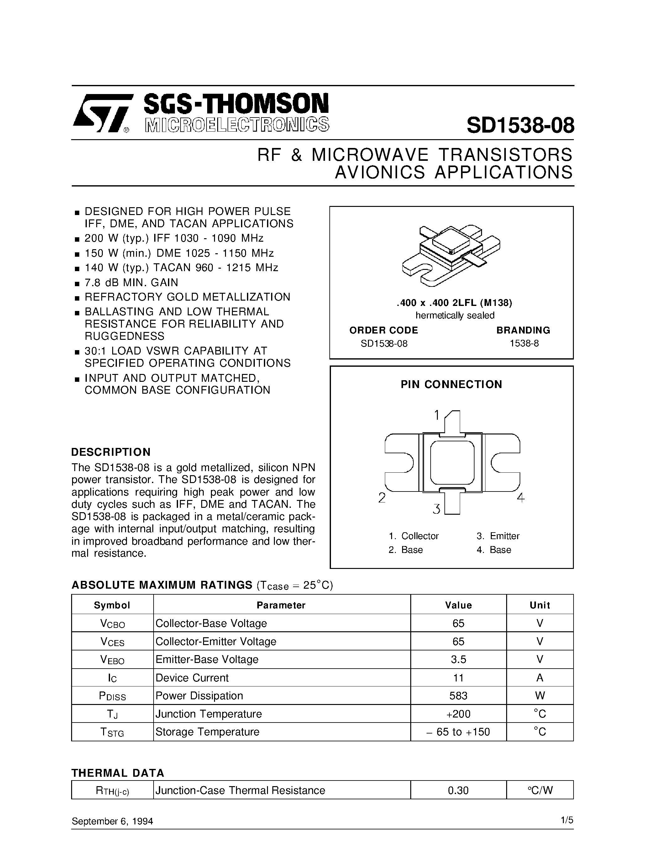 Datasheet 1538-8 - RF & MICROWAVE TRANSISTORS AVIONICS APPLICATIONS page 1